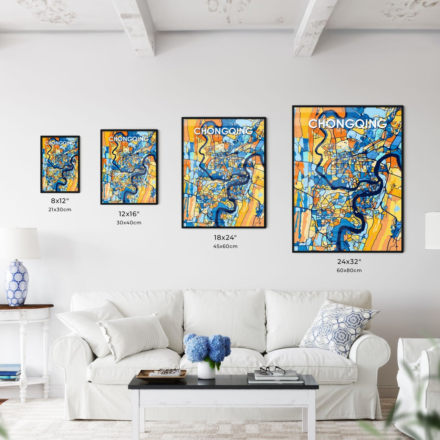 CHONGQING CHINA Vibrant Colorful Art Map Poster Blue Orange