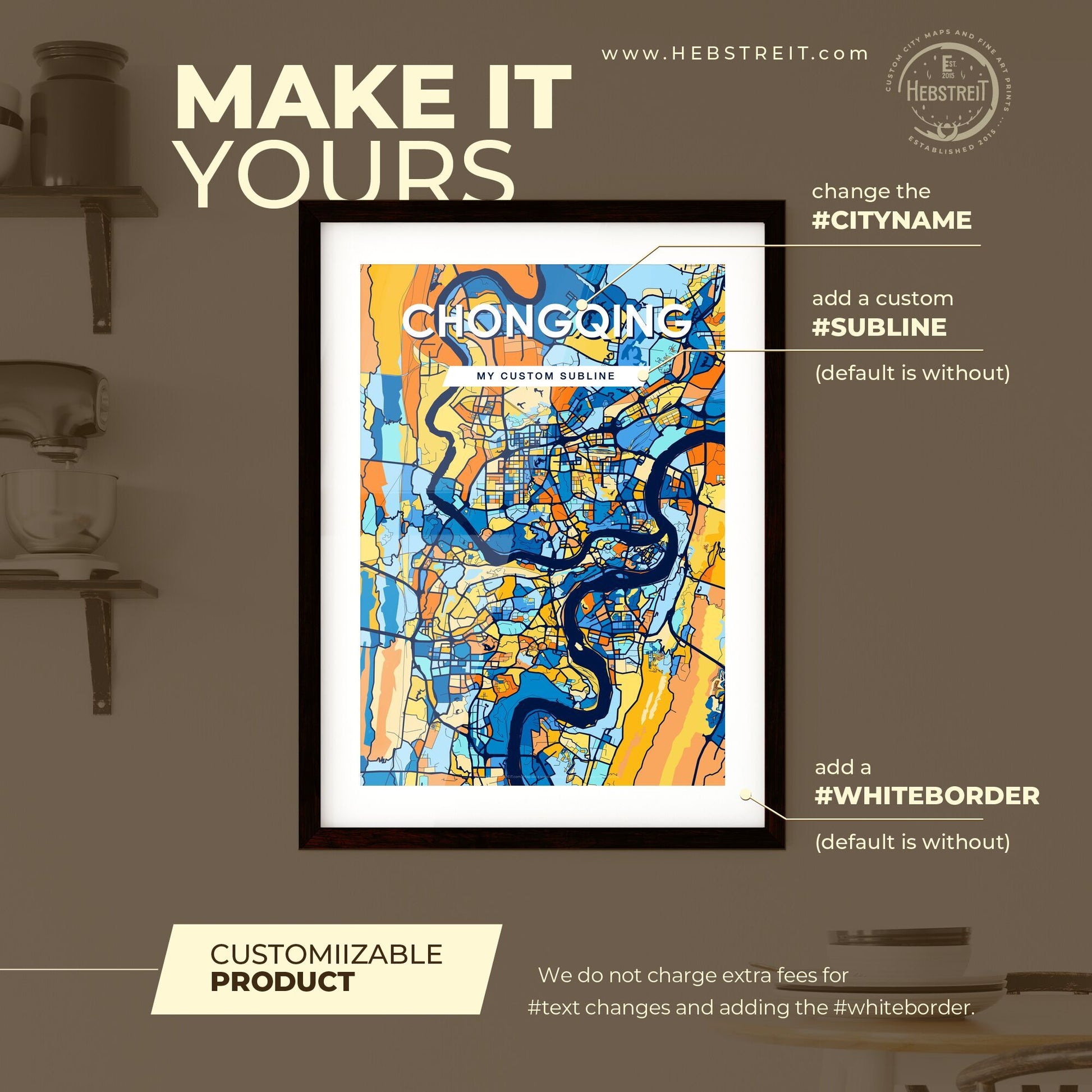 CHONGQING CHINA Vibrant Colorful Art Map Poster Blue Orange