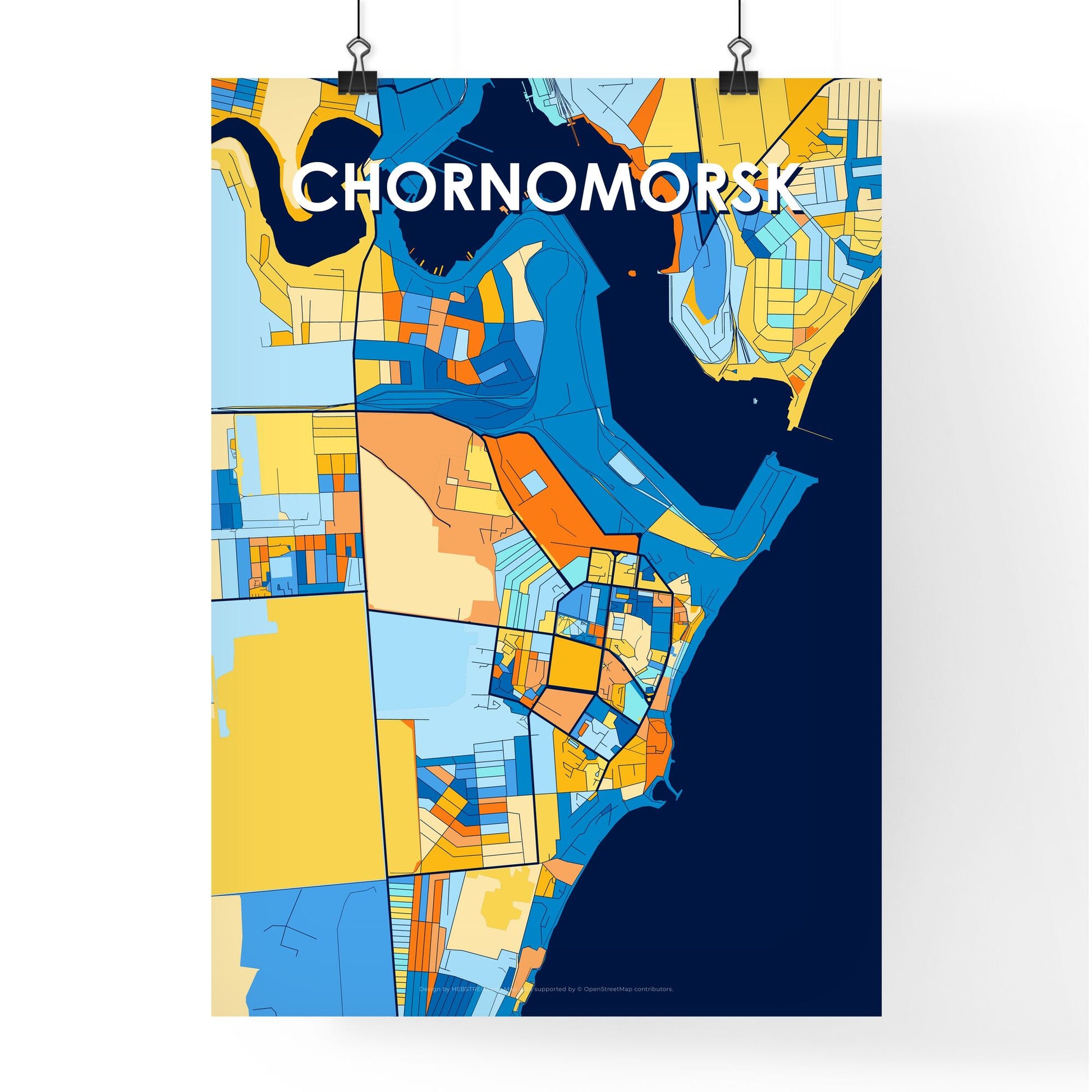 CHORNOMORSK UKRAINE Vibrant Colorful Art Map Poster Blue Orange