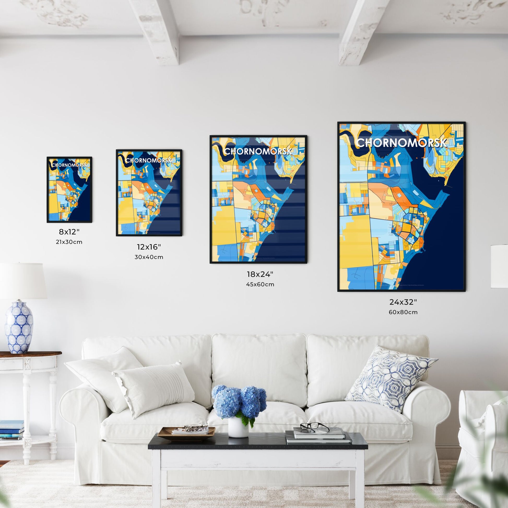 CHORNOMORSK UKRAINE Vibrant Colorful Art Map Poster Blue Orange