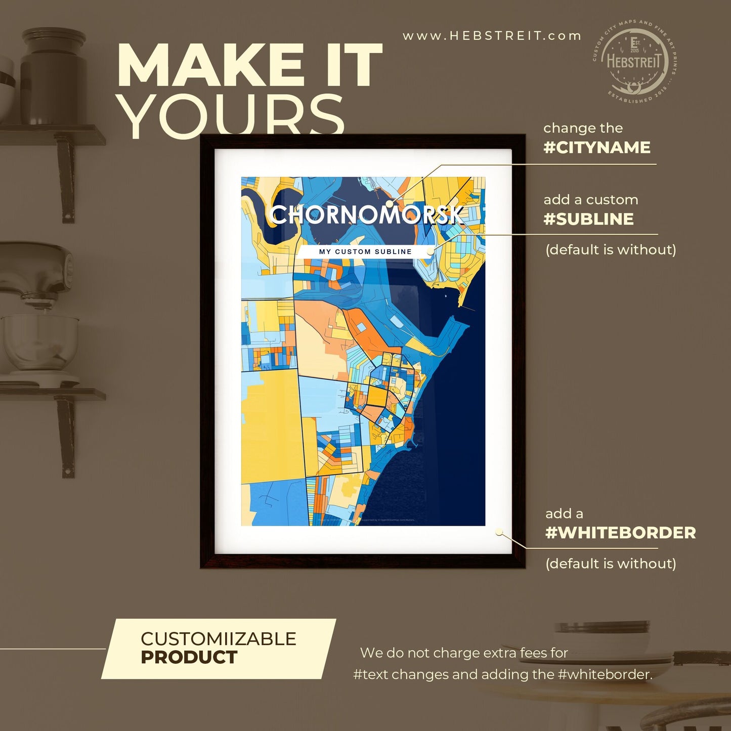 CHORNOMORSK UKRAINE Vibrant Colorful Art Map Poster Blue Orange