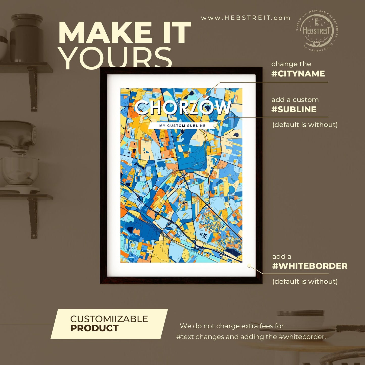 CHORZÓW POLAND Vibrant Colorful Art Map Poster Blue Orange