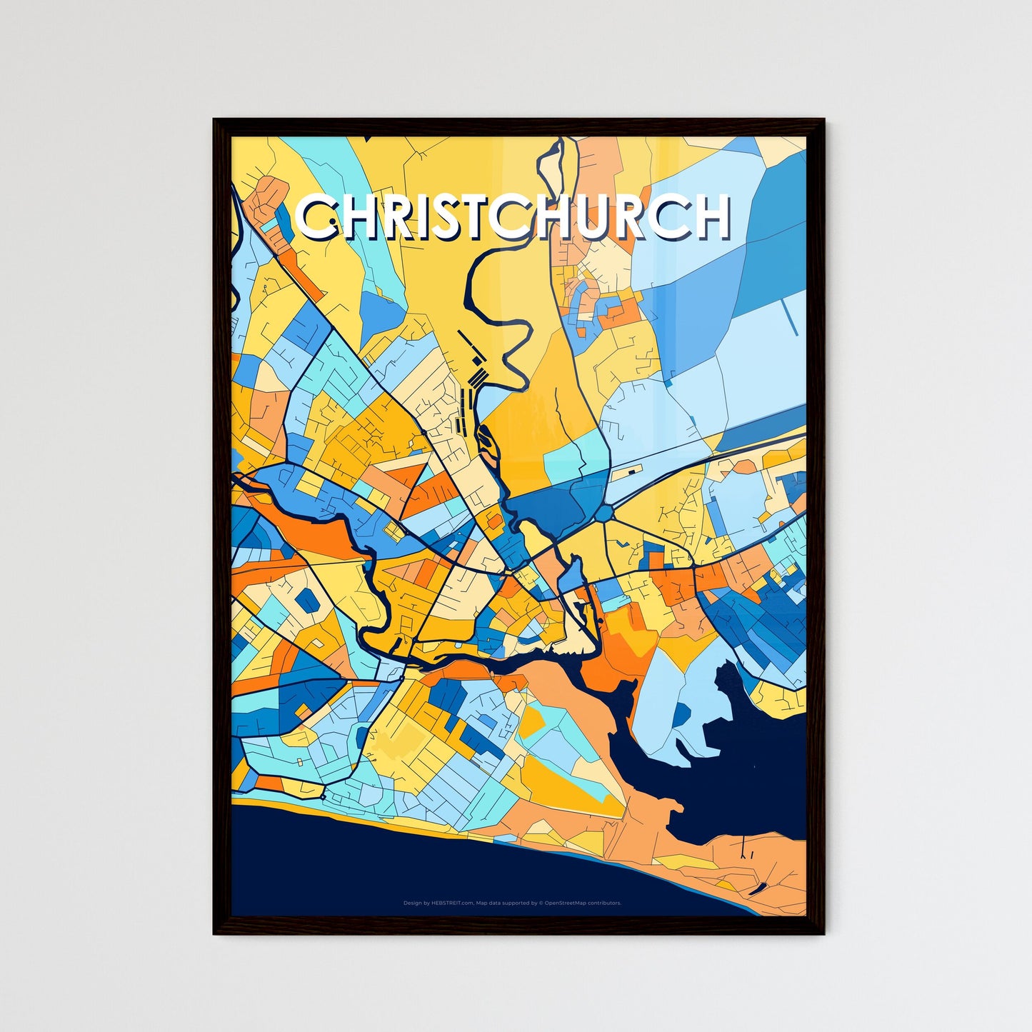 CHRISTCHURCH ENGLAND Vibrant Colorful Art Map Poster Blue Orange