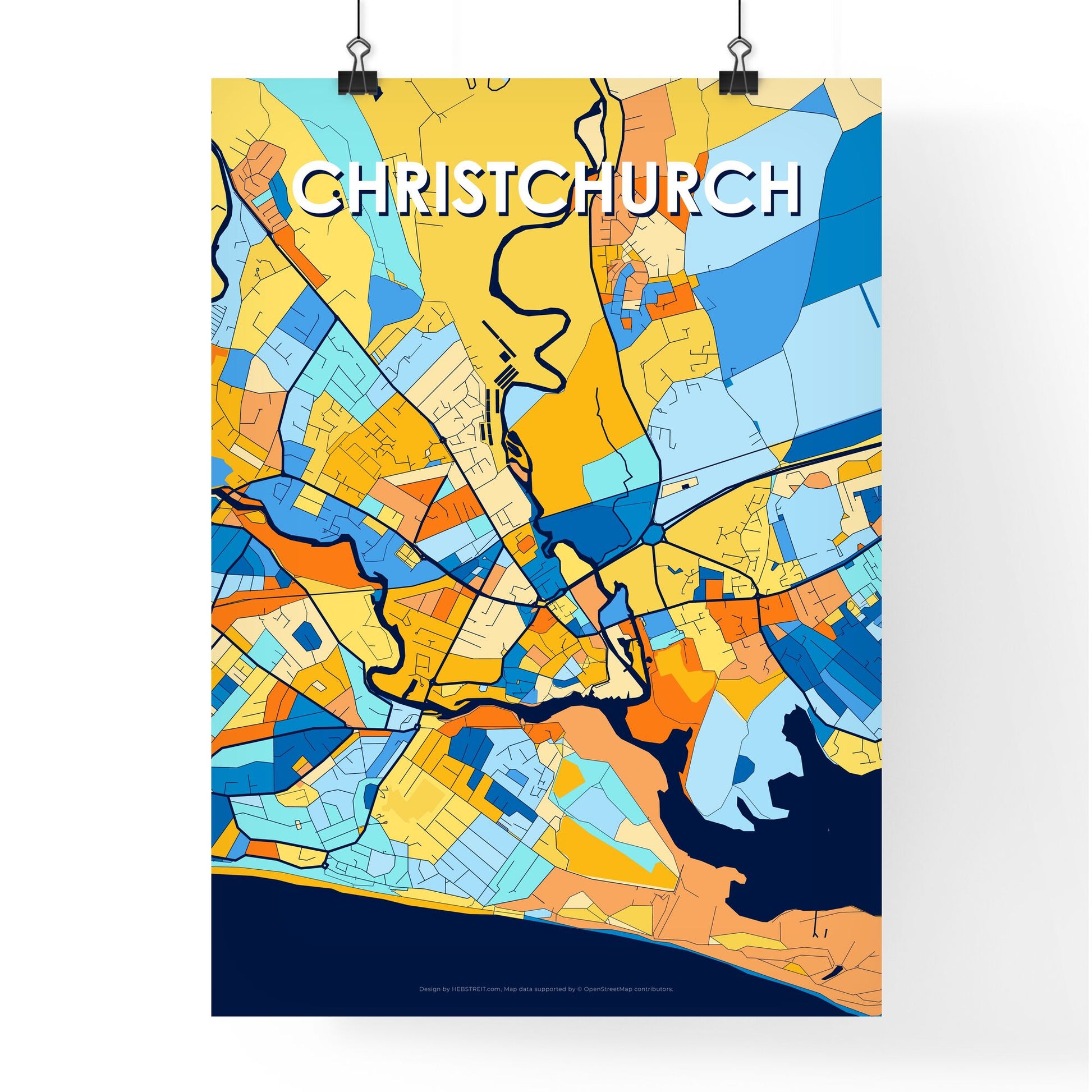 CHRISTCHURCH ENGLAND Vibrant Colorful Art Map Poster Blue Orange