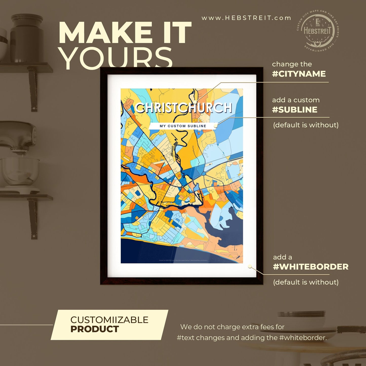 CHRISTCHURCH ENGLAND Vibrant Colorful Art Map Poster Blue Orange