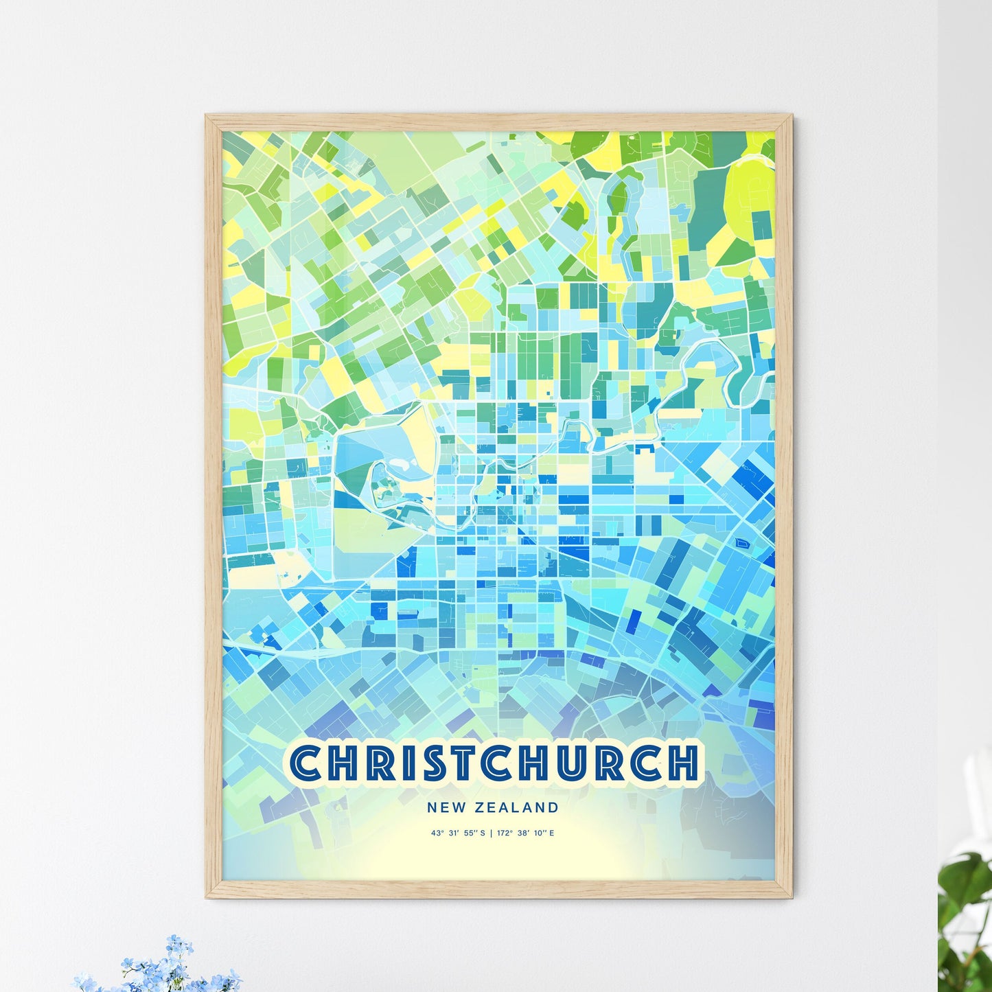 Colorful Christchurch New Zealand Fine Art Map Cool Blue