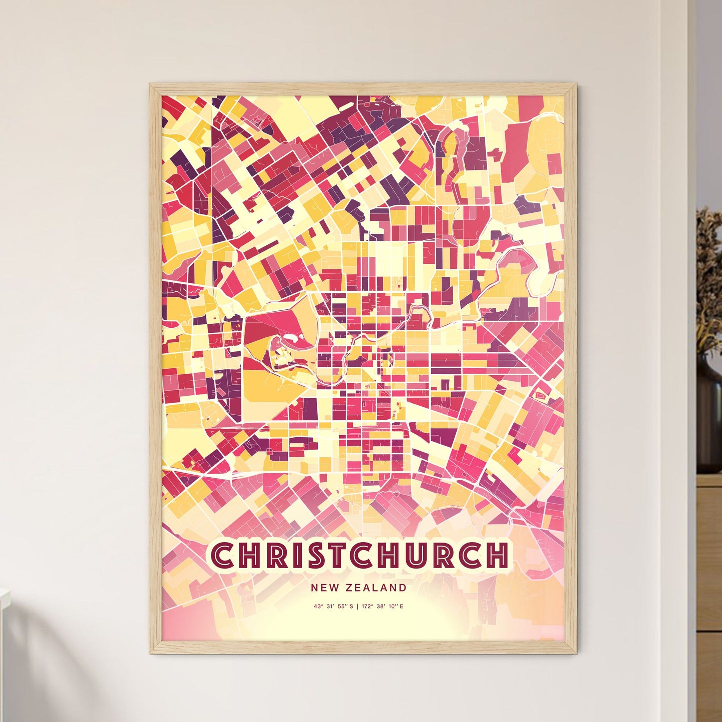 Colorful Christchurch New Zealand Fine Art Map Hot Red