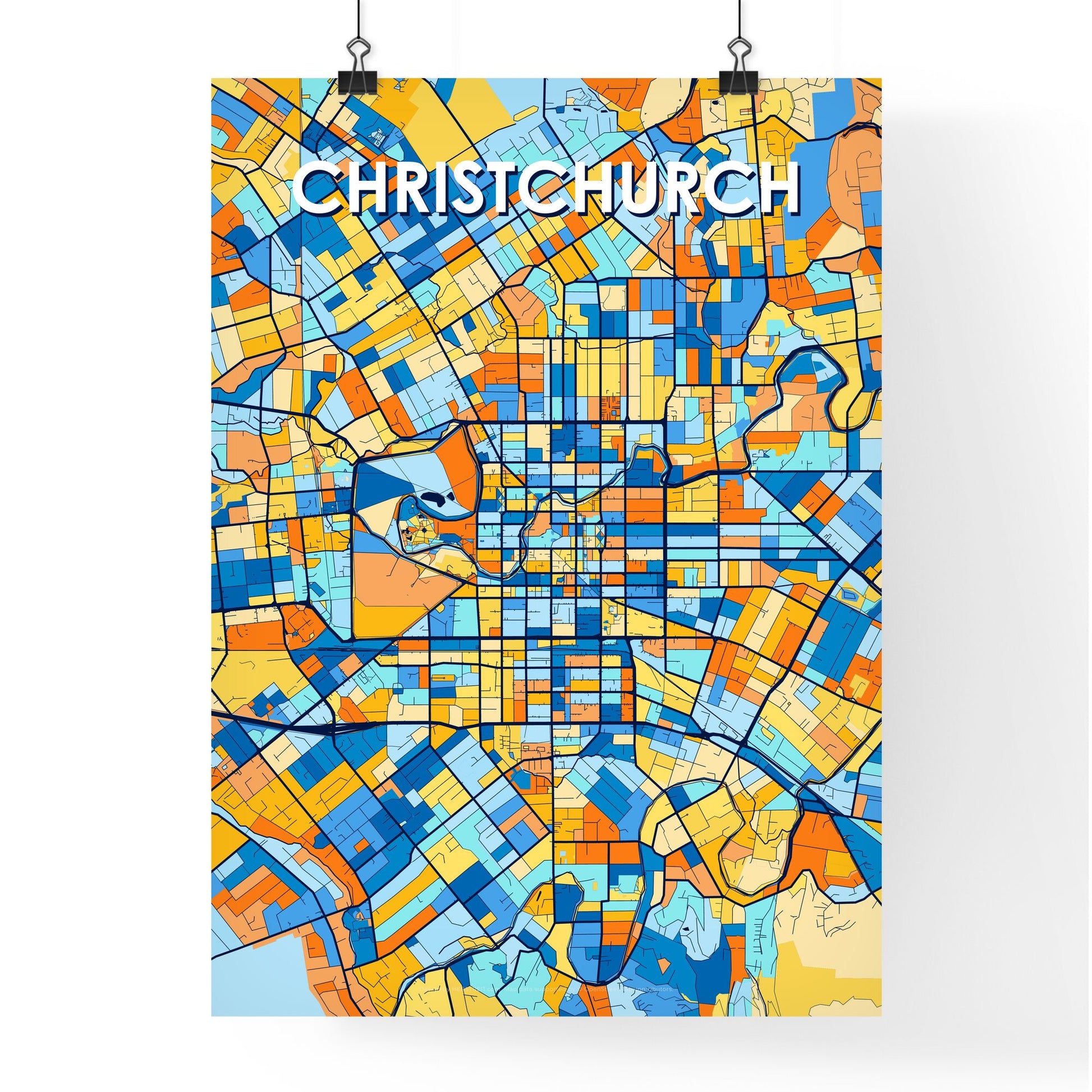 CHRISTCHURCH NEW ZEALAND Vibrant Colorful Art Map Poster Blue Orange