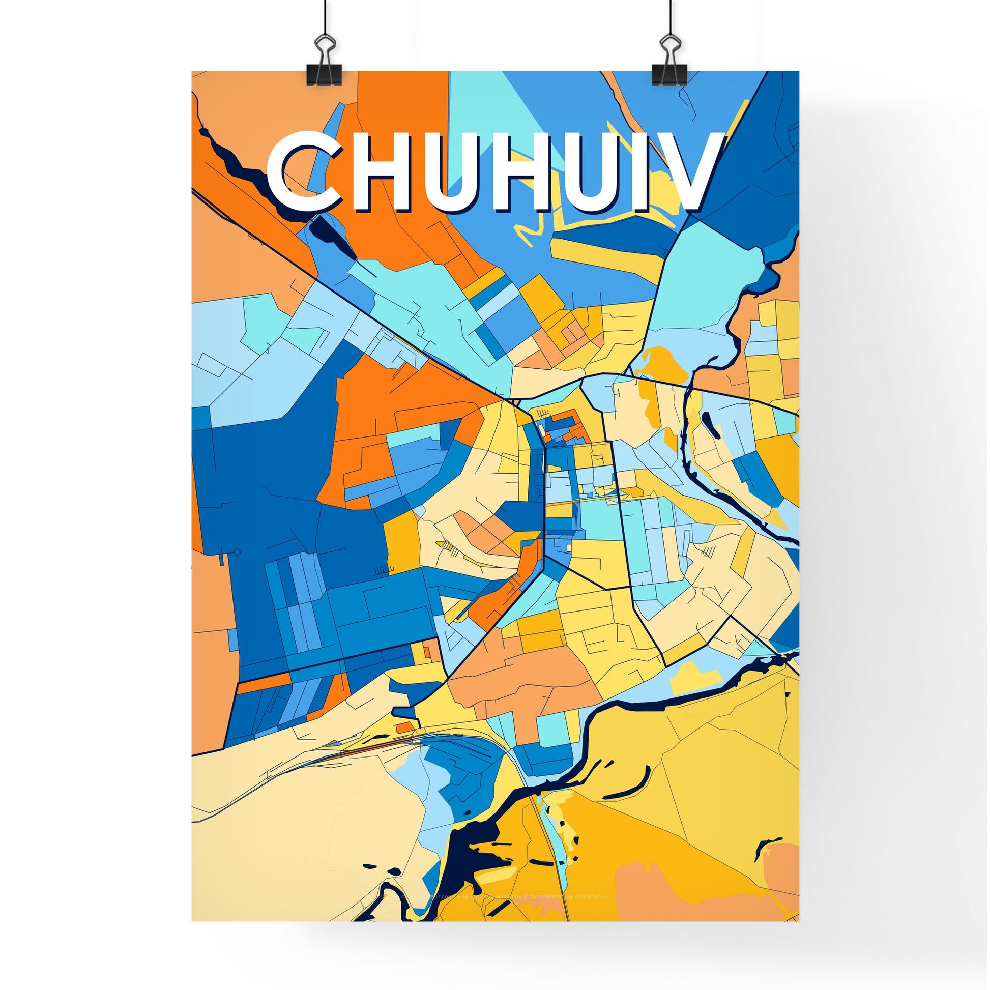 CHUHUIV UKRAINE Vibrant Colorful Art Map Poster Blue Orange