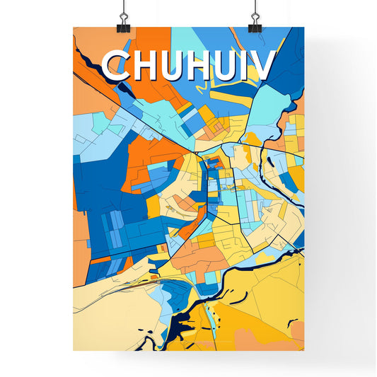 CHUHUIV UKRAINE Vibrant Colorful Art Map Poster Blue Orange