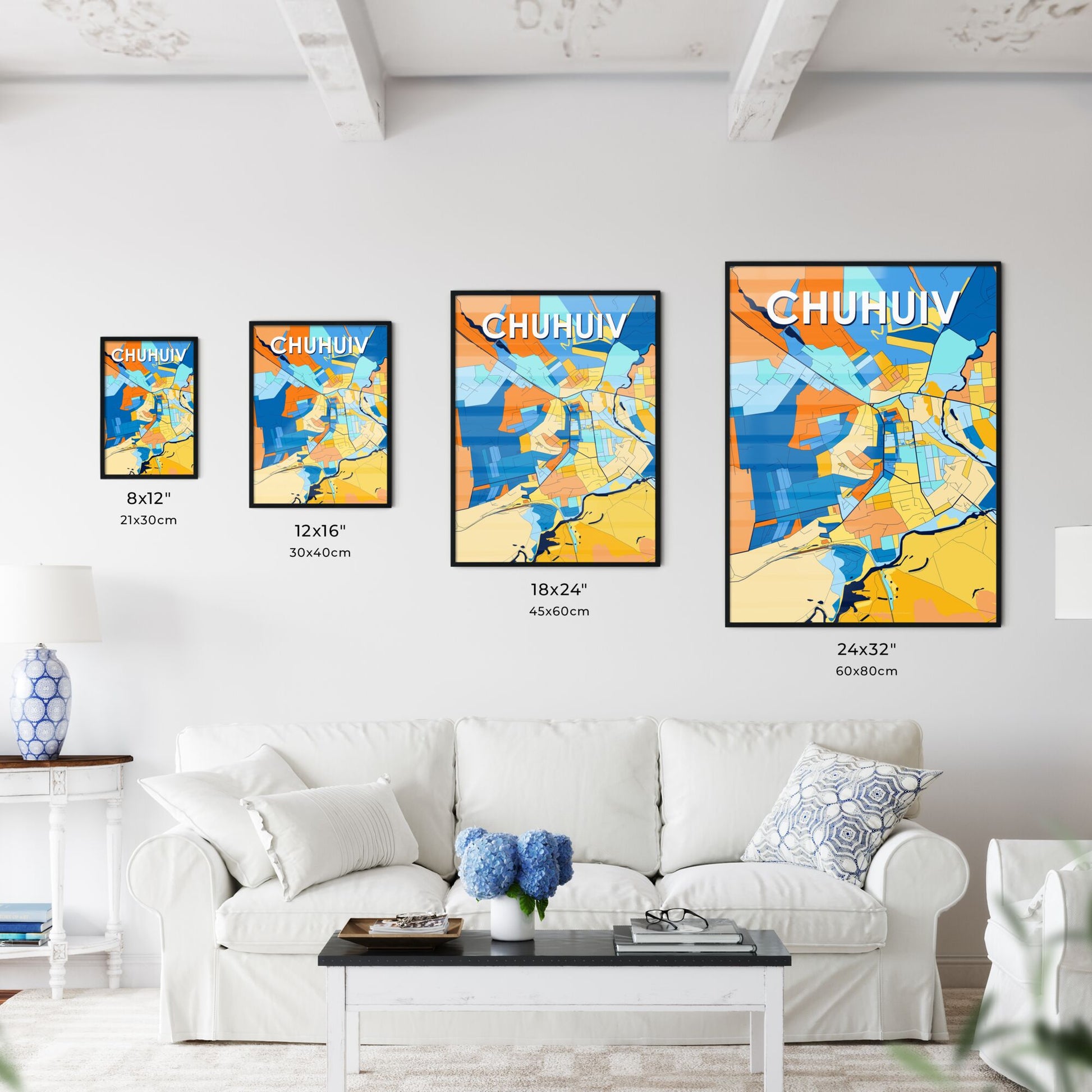 CHUHUIV UKRAINE Vibrant Colorful Art Map Poster Blue Orange