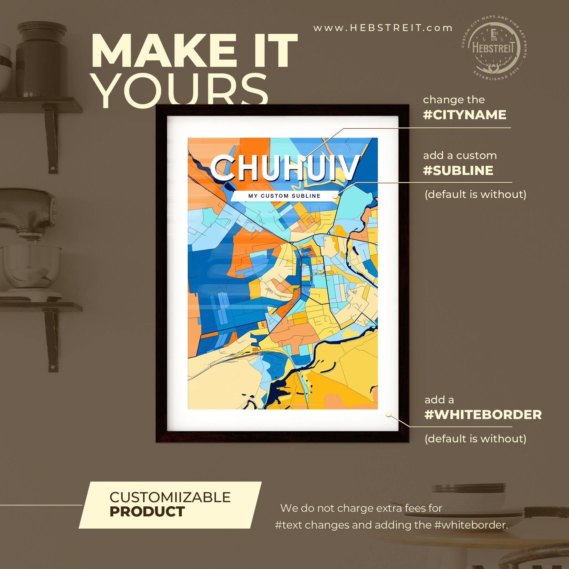 CHUHUIV UKRAINE Vibrant Colorful Art Map Poster Blue Orange