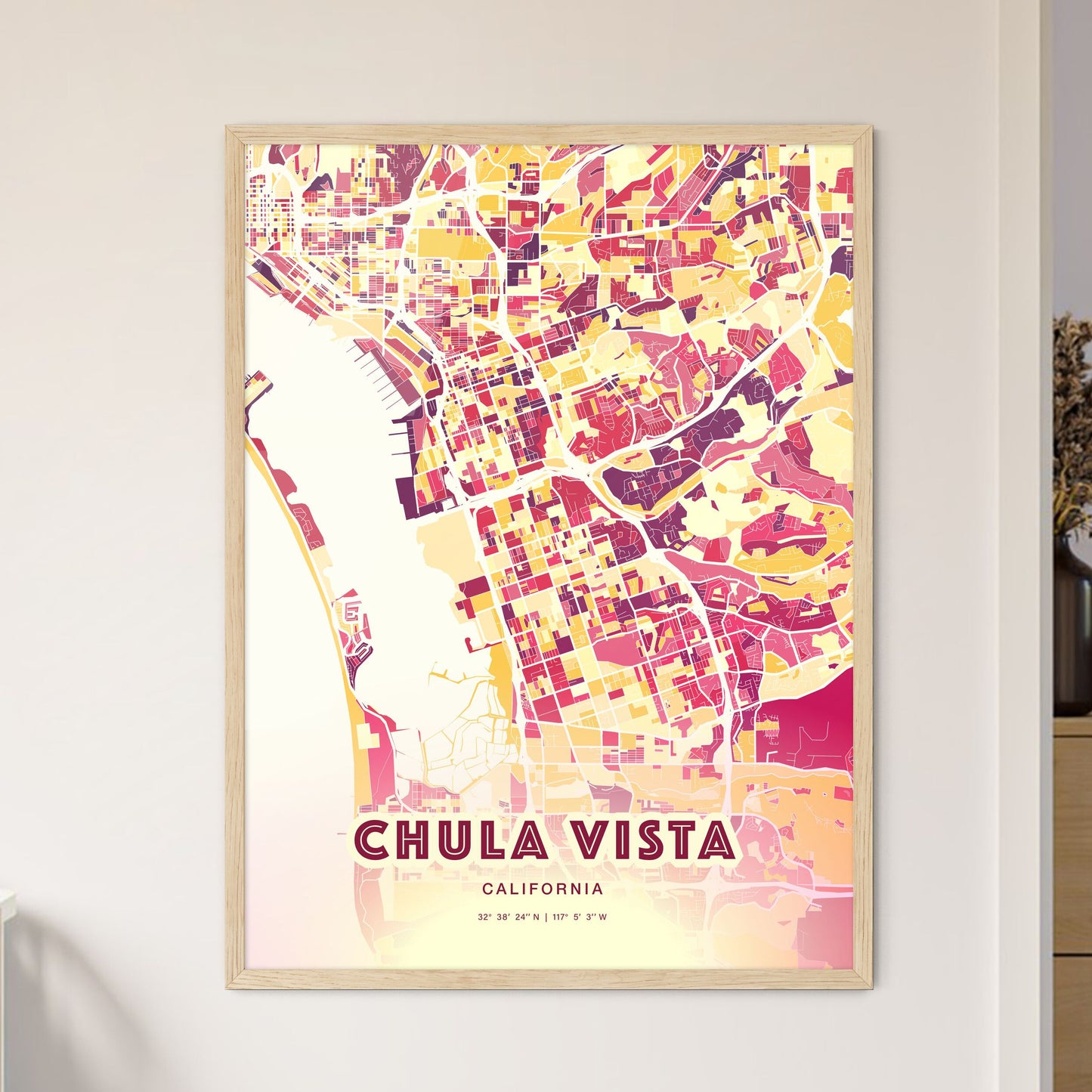 Colorful Chula Vista California Fine Art Map Hot Red