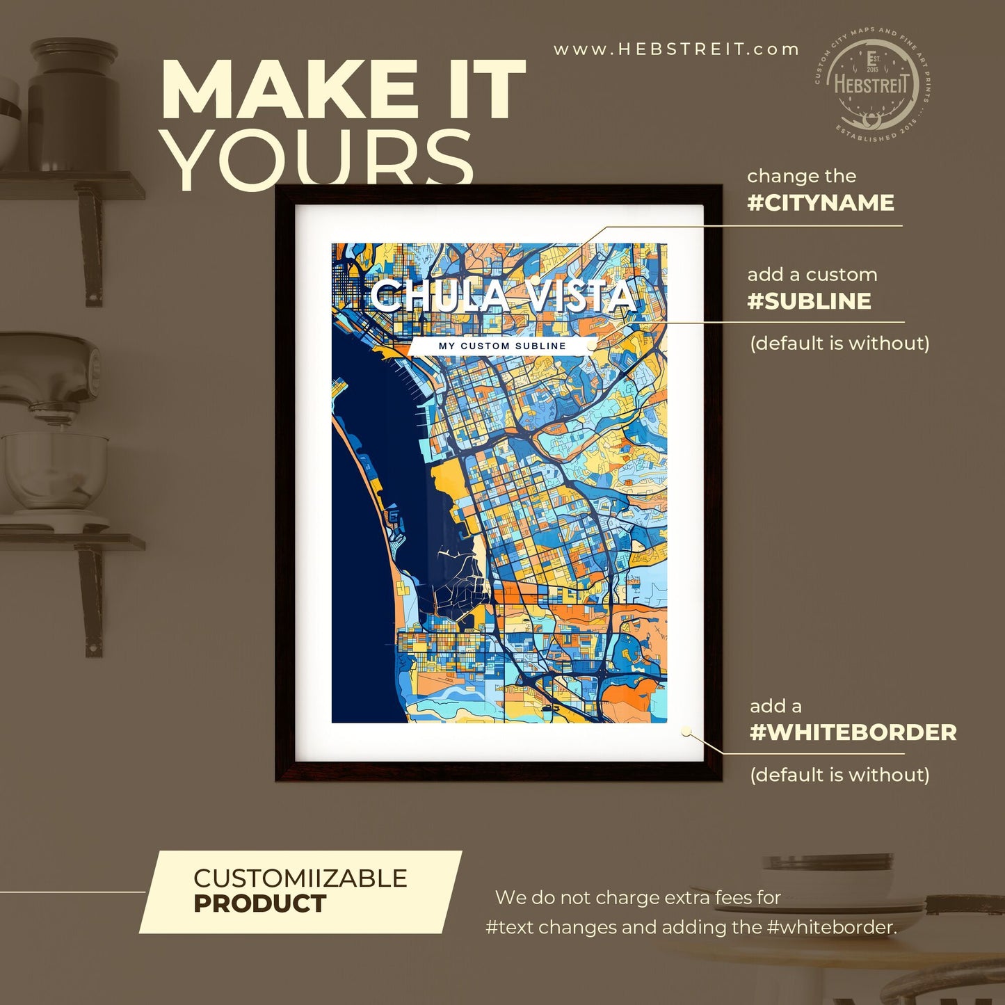 CHULA VISTA CALIFORNIA Vibrant Colorful Art Map Poster Blue Orange