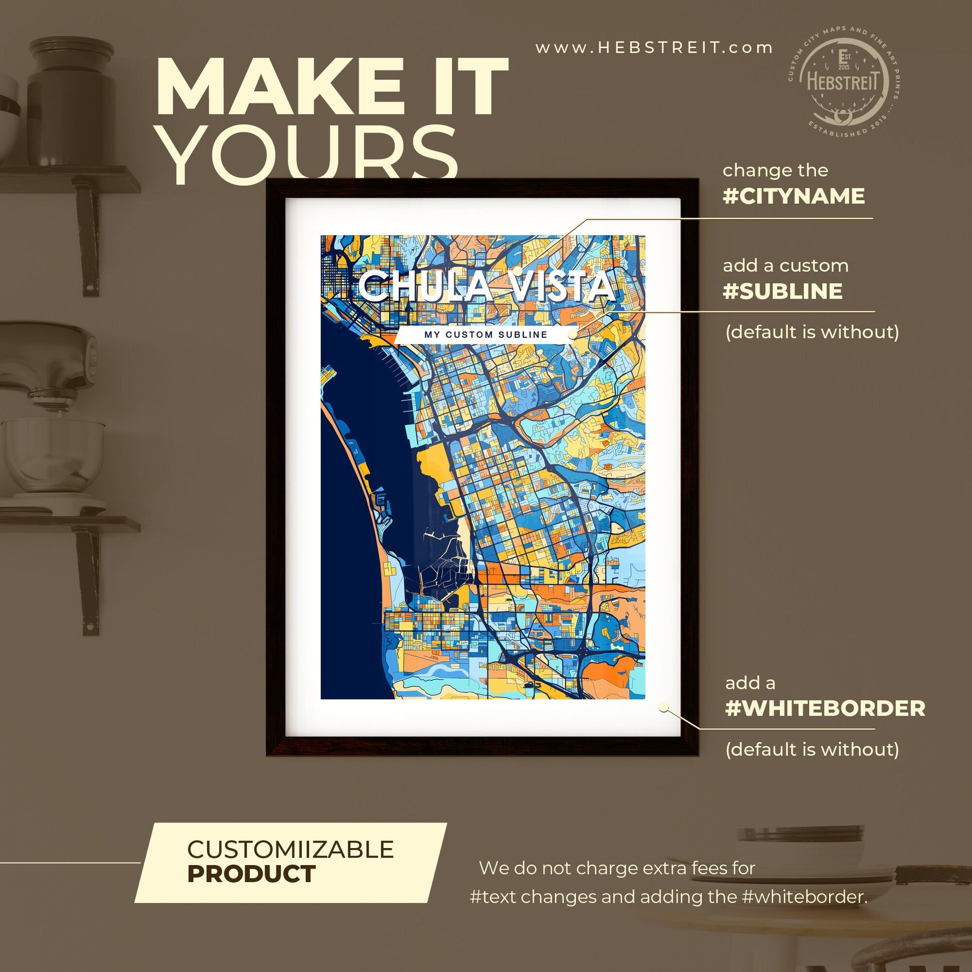 CHULA VISTA CALIFORNIA Vibrant Colorful Art Map Poster Blue Orange