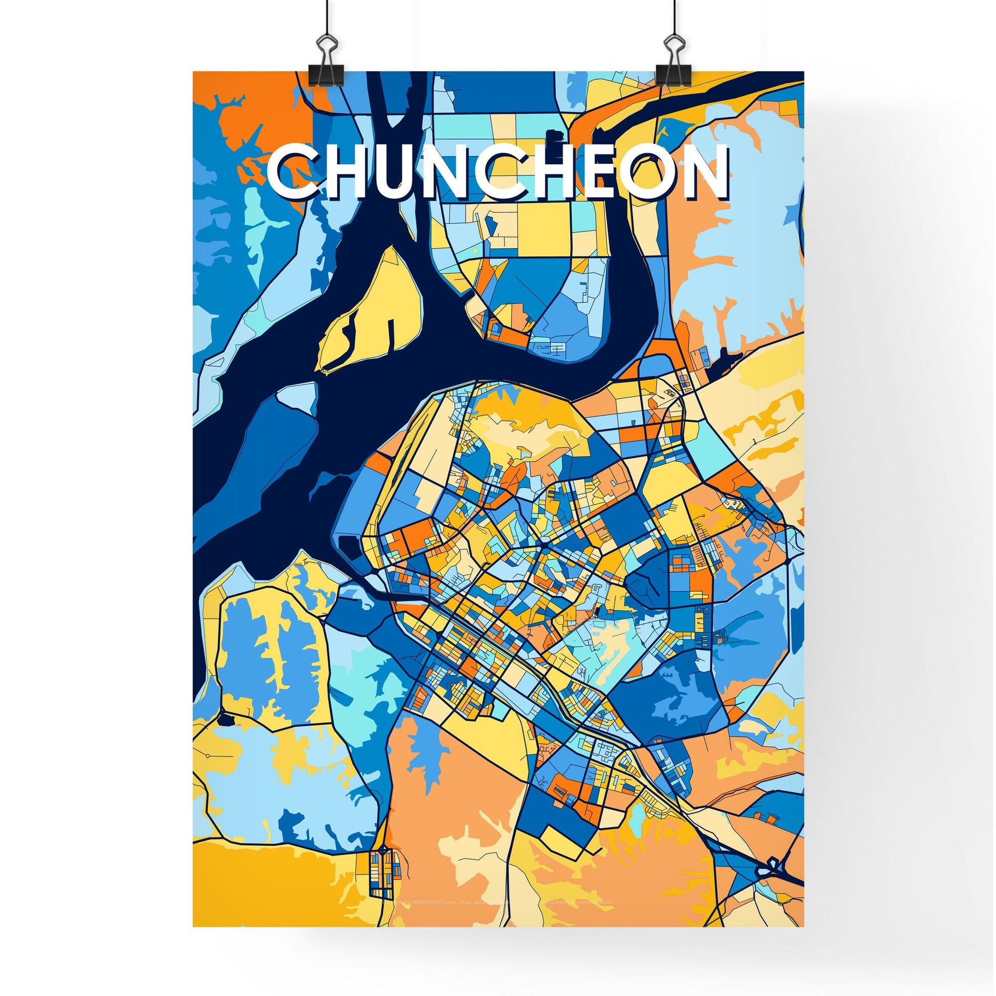CHUNCHEON SOUTH KOREA Vibrant Colorful Art Map Poster Blue Orange