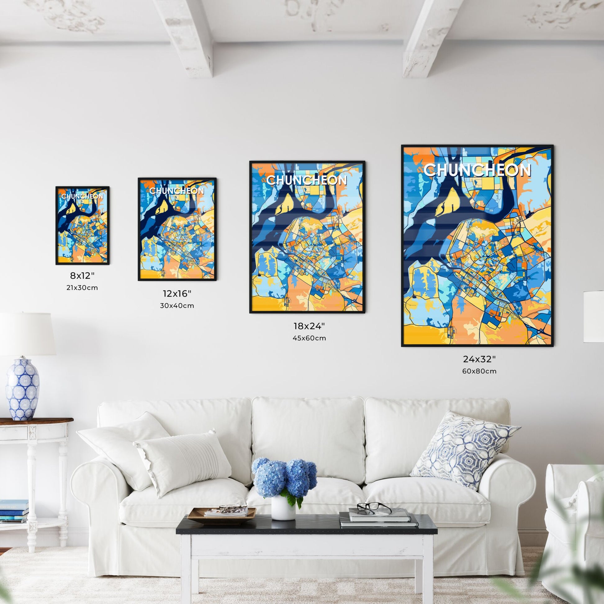 CHUNCHEON SOUTH KOREA Vibrant Colorful Art Map Poster Blue Orange