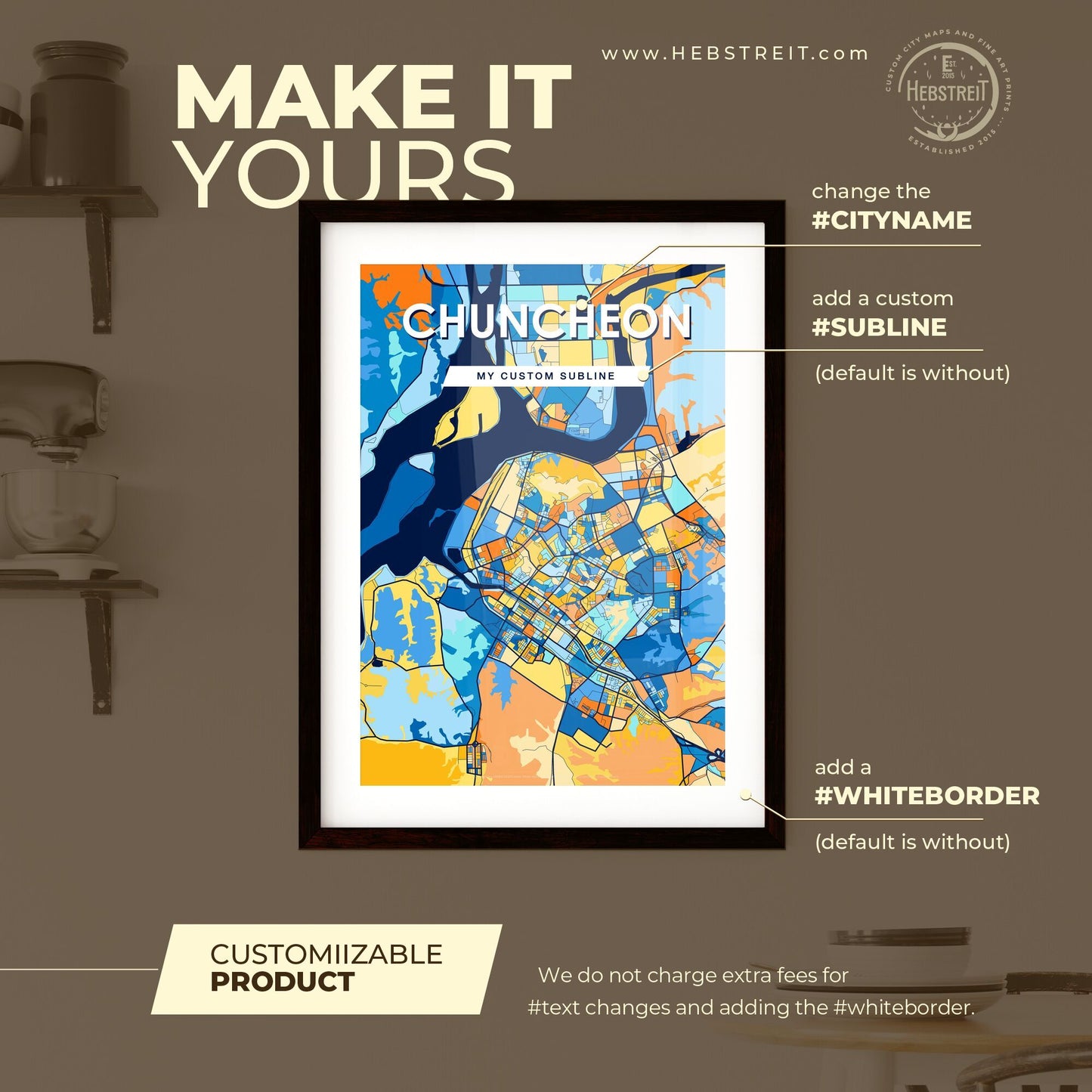 CHUNCHEON SOUTH KOREA Vibrant Colorful Art Map Poster Blue Orange