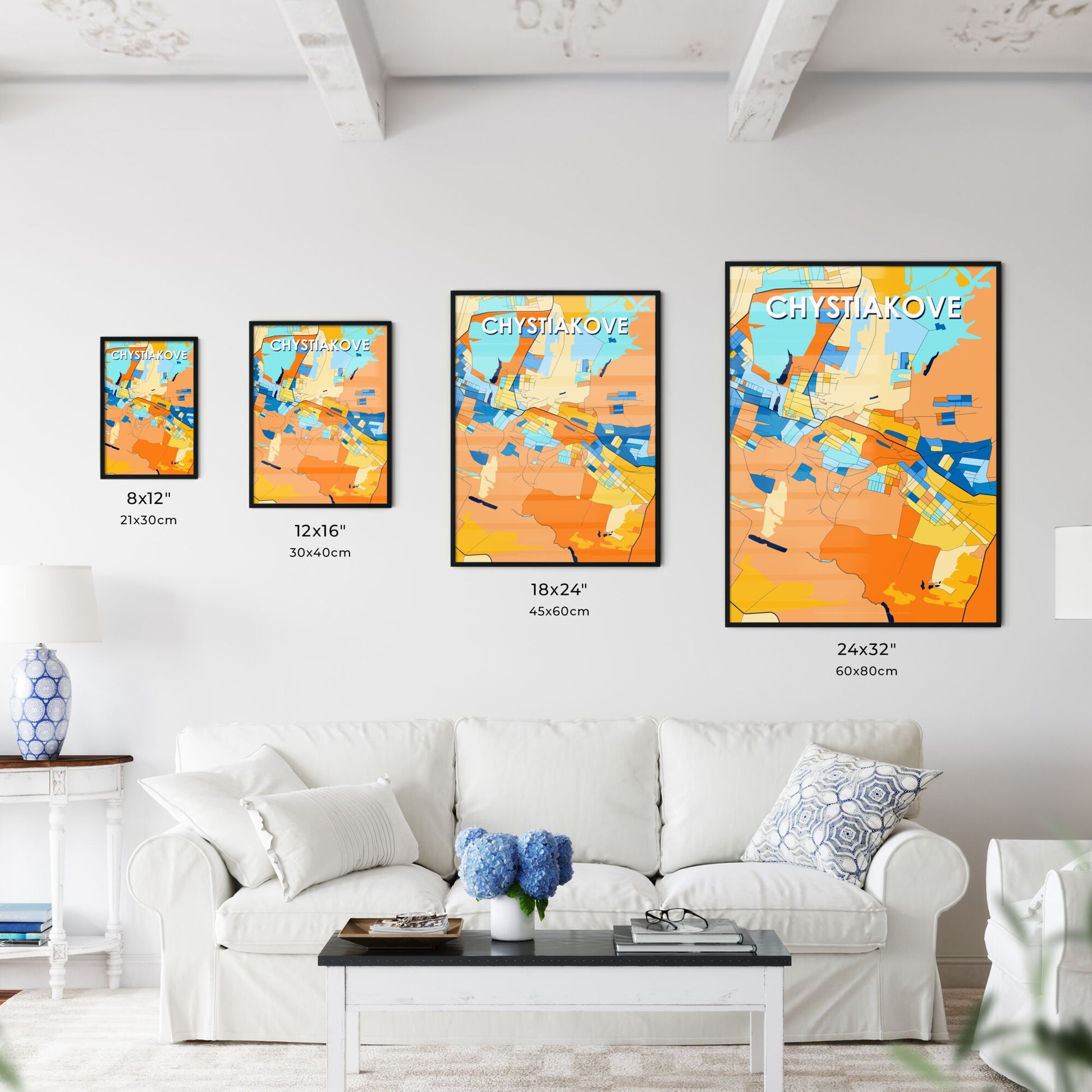 CHYSTIAKOVE UKRAINE Vibrant Colorful Art Map Poster Blue Orange
