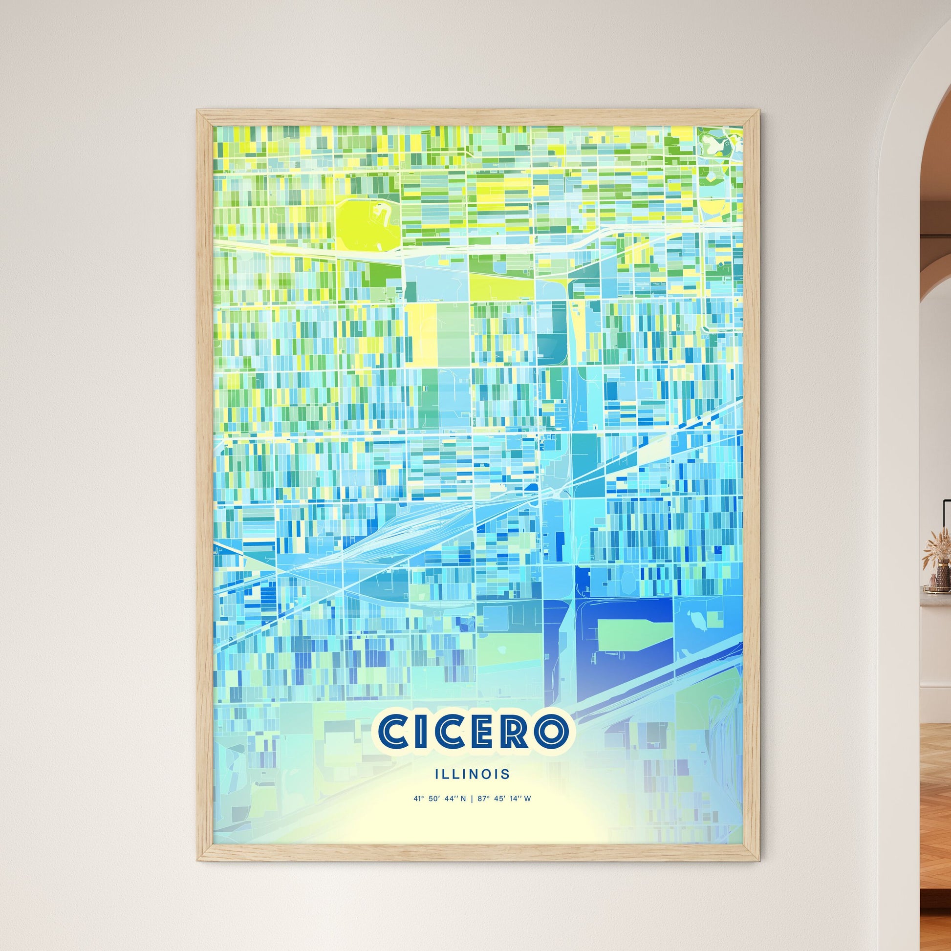 Colorful Cicero Illinois Fine Art Map Cool Blue