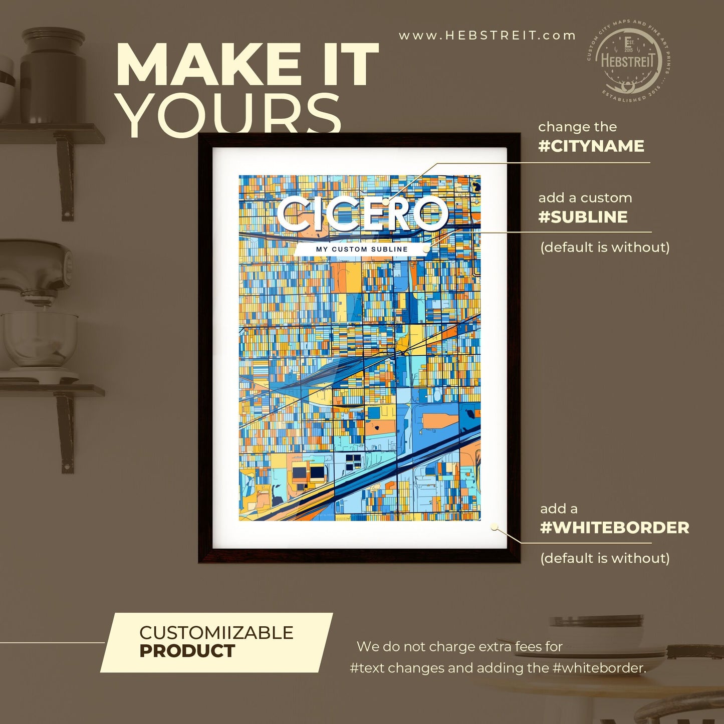 CICERO ILLINOIS Vibrant Colorful Art Map Poster Blue Orange