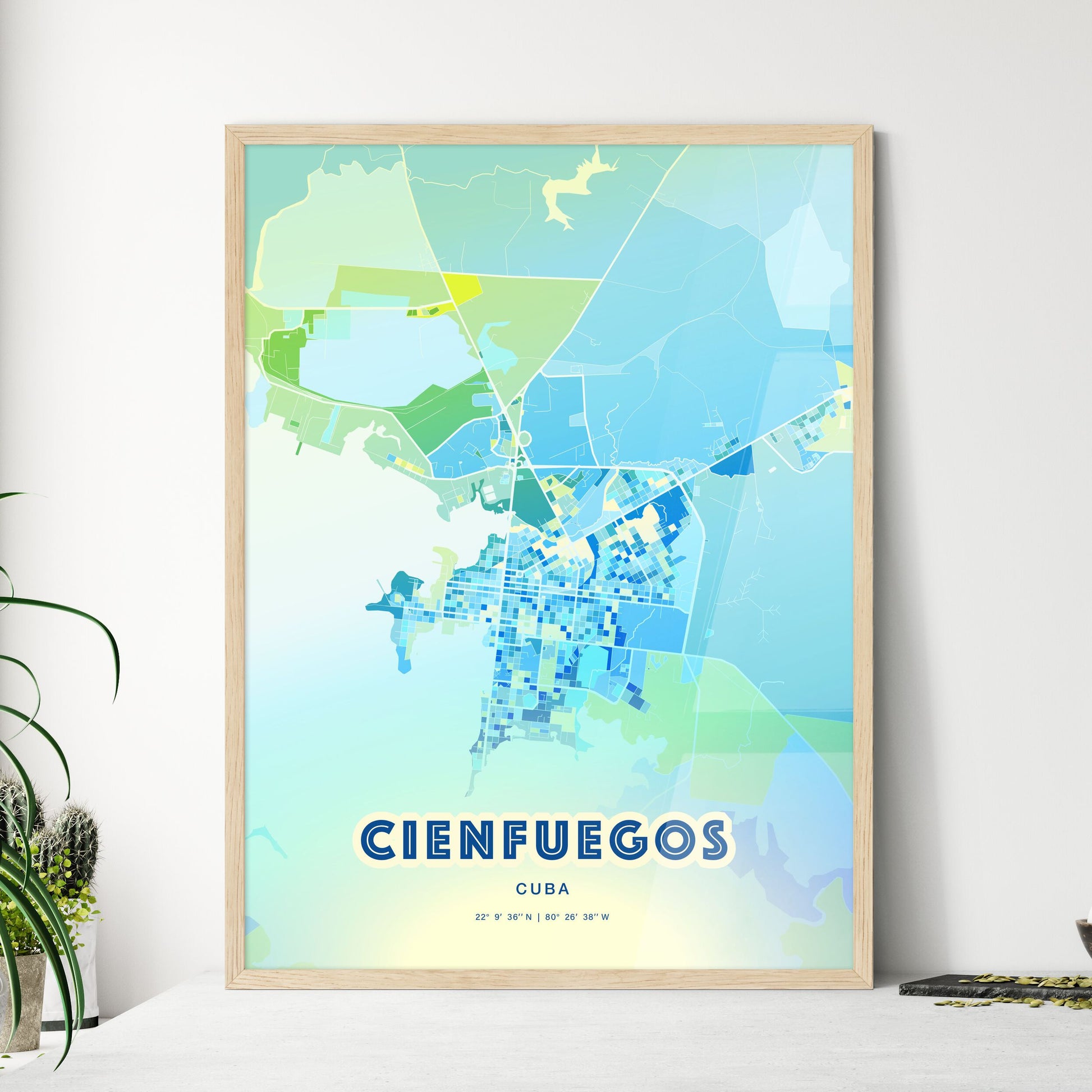 Colorful Cienfuegos Cuba Fine Art Map Cool Blue