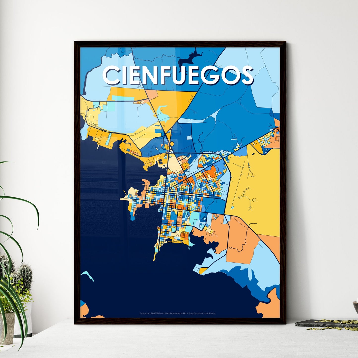 CIENFUEGOS CUBA Vibrant Colorful Art Map Poster Blue Orange