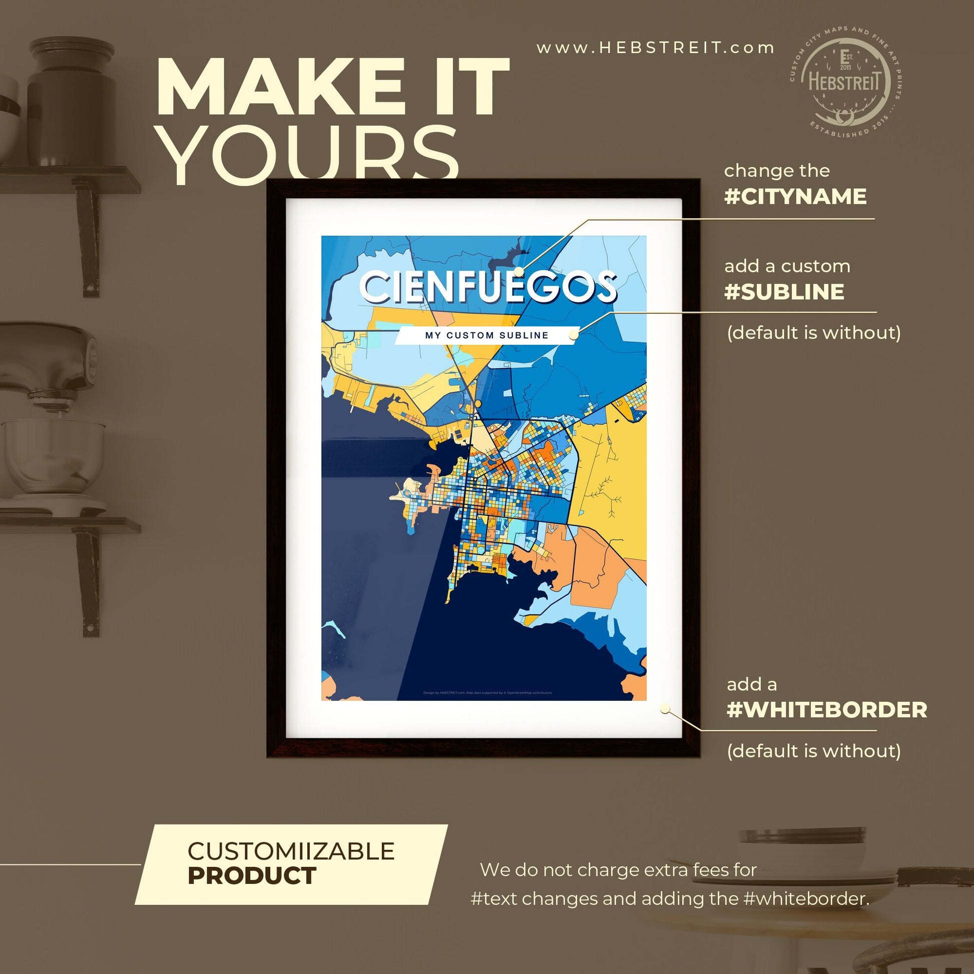 CIENFUEGOS CUBA Vibrant Colorful Art Map Poster Blue Orange