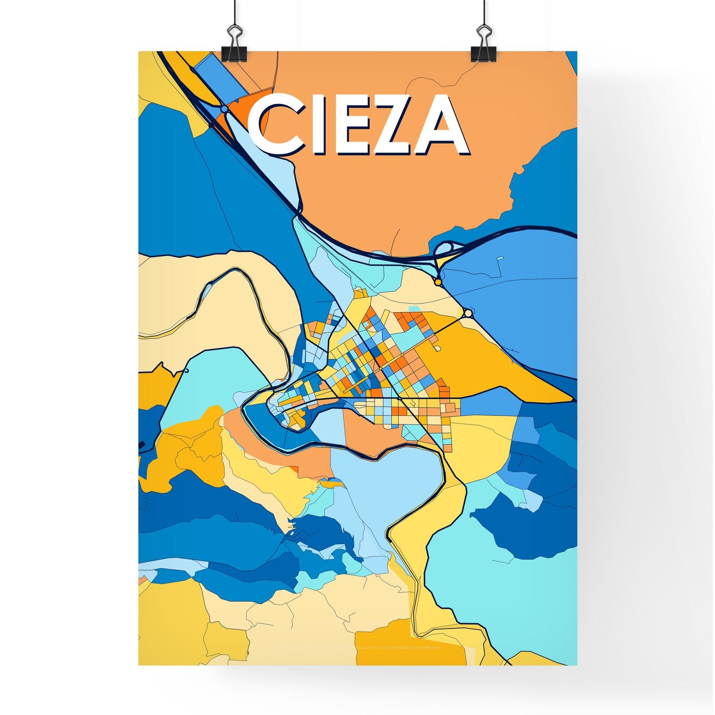 CIEZA SPAIN Vibrant Colorful Art Map Poster Blue Orange