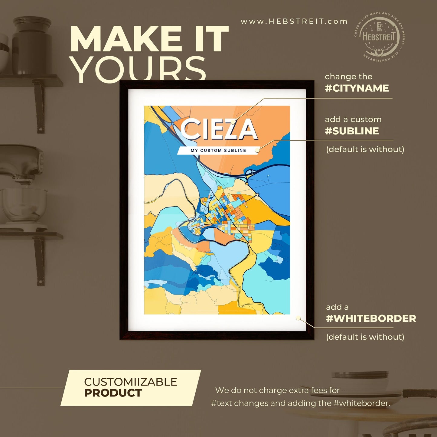 CIEZA SPAIN Vibrant Colorful Art Map Poster Blue Orange