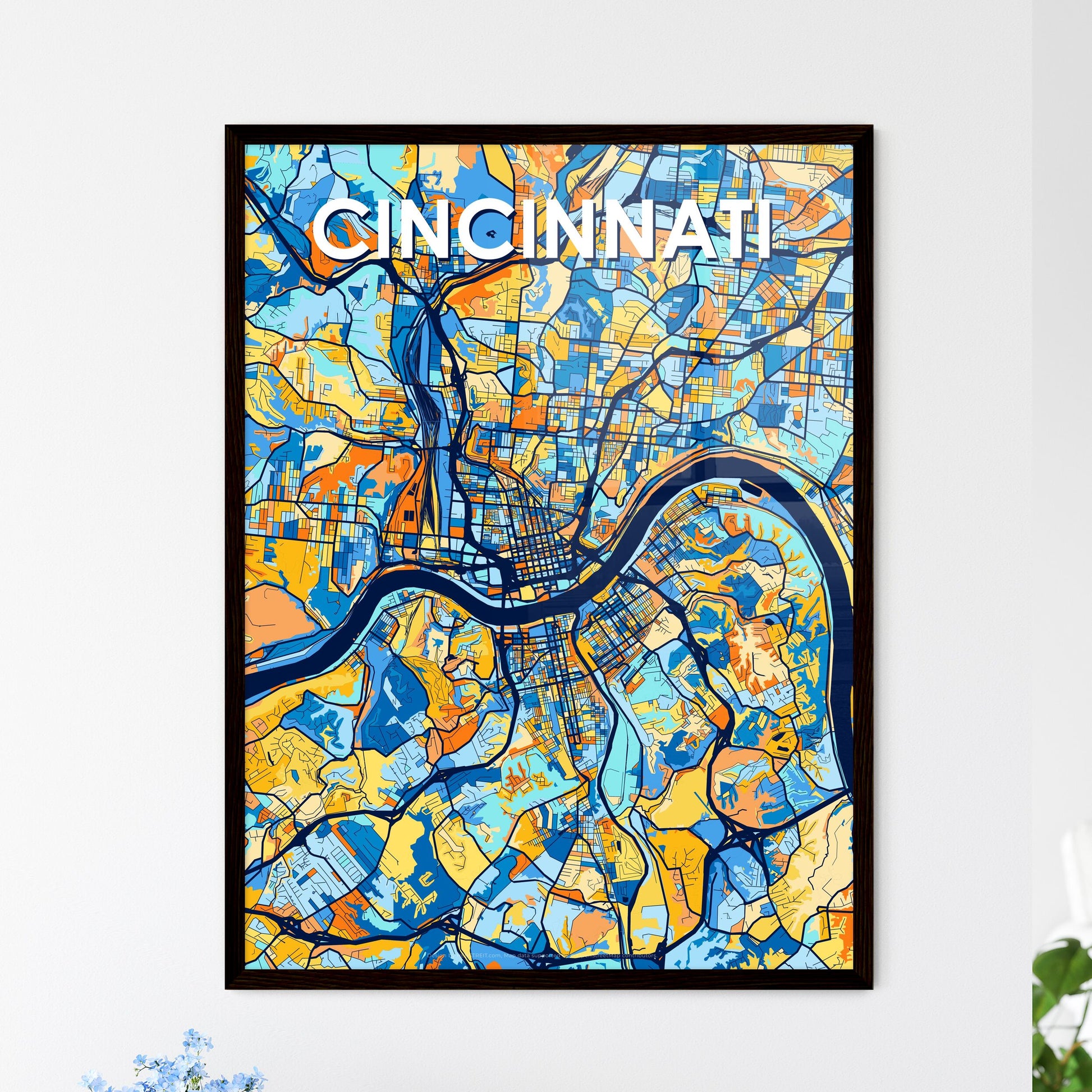 CINCINNATI OHIO Vibrant Colorful Art Map Poster Blue Orange