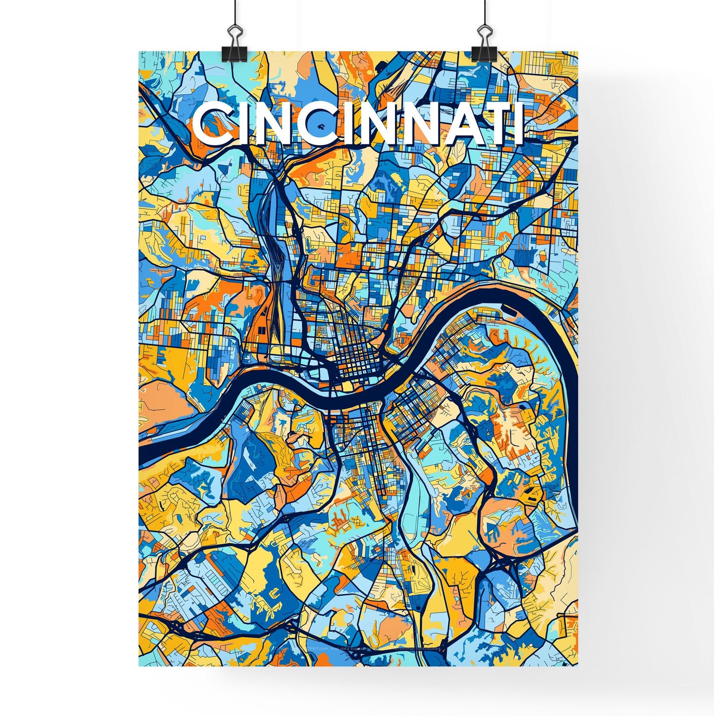 CINCINNATI OHIO Vibrant Colorful Art Map Poster Blue Orange