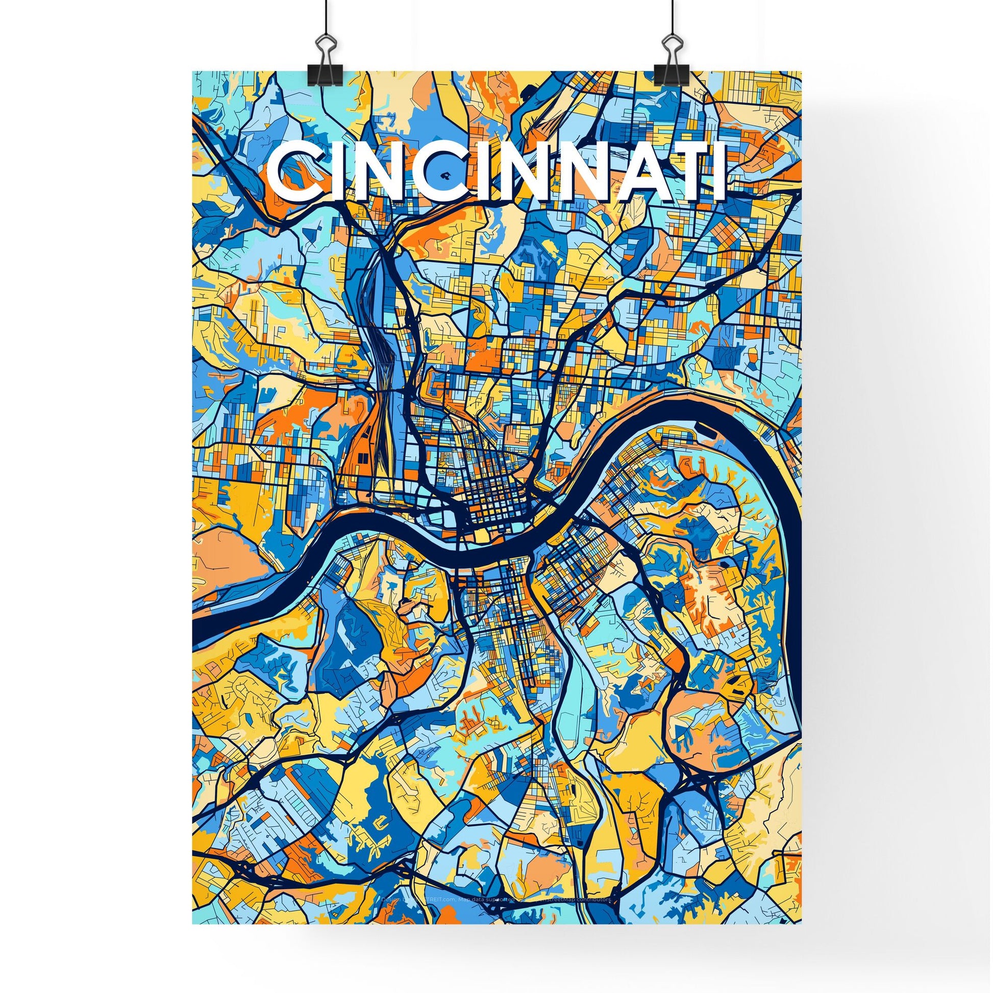 CINCINNATI OHIO Vibrant Colorful Art Map Poster Blue Orange