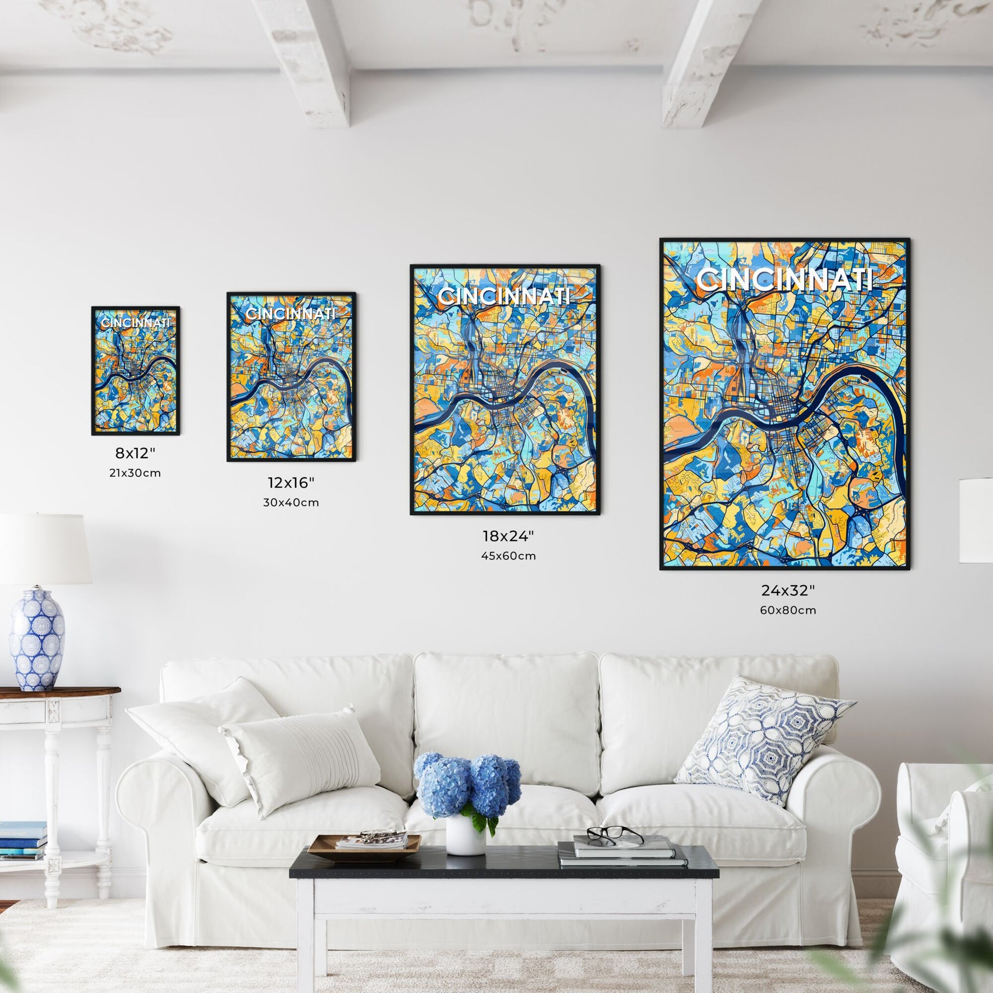 CINCINNATI OHIO Vibrant Colorful Art Map Poster Blue Orange