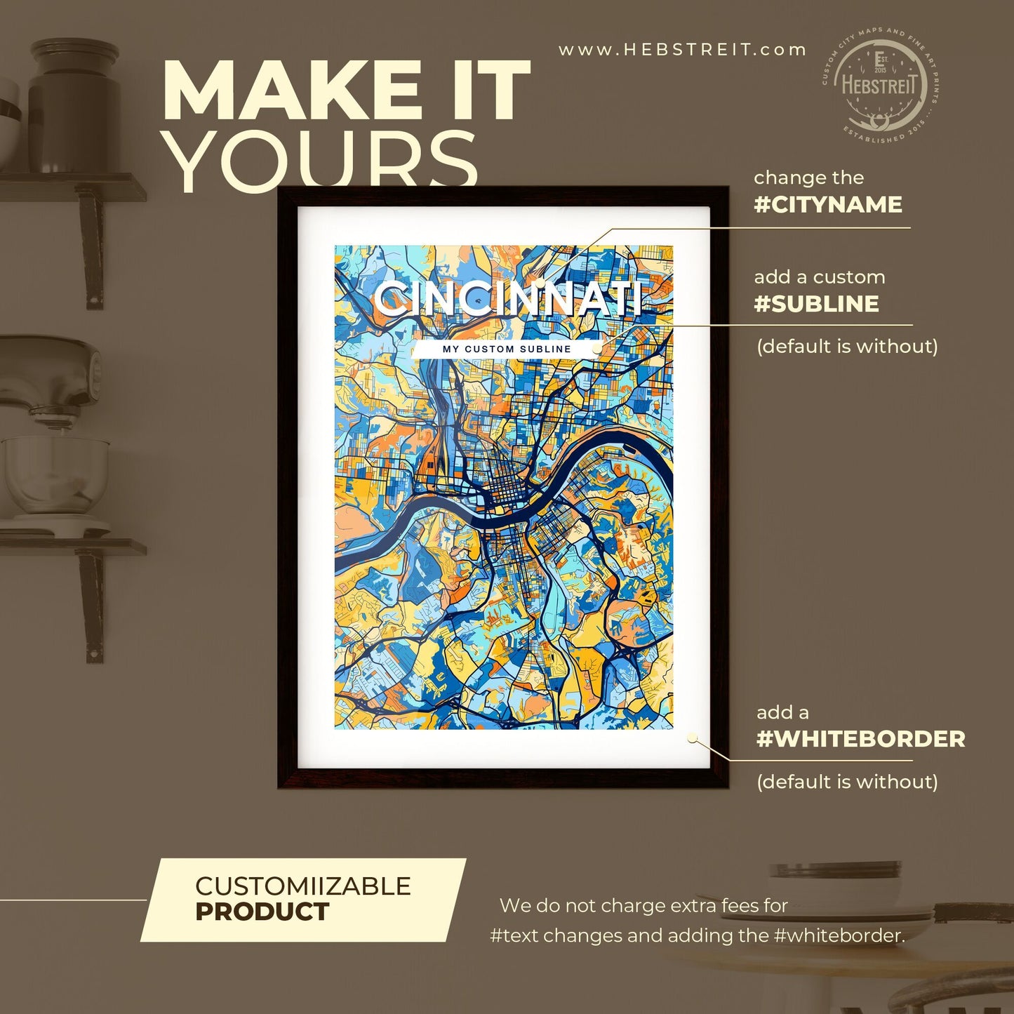 CINCINNATI OHIO Vibrant Colorful Art Map Poster Blue Orange