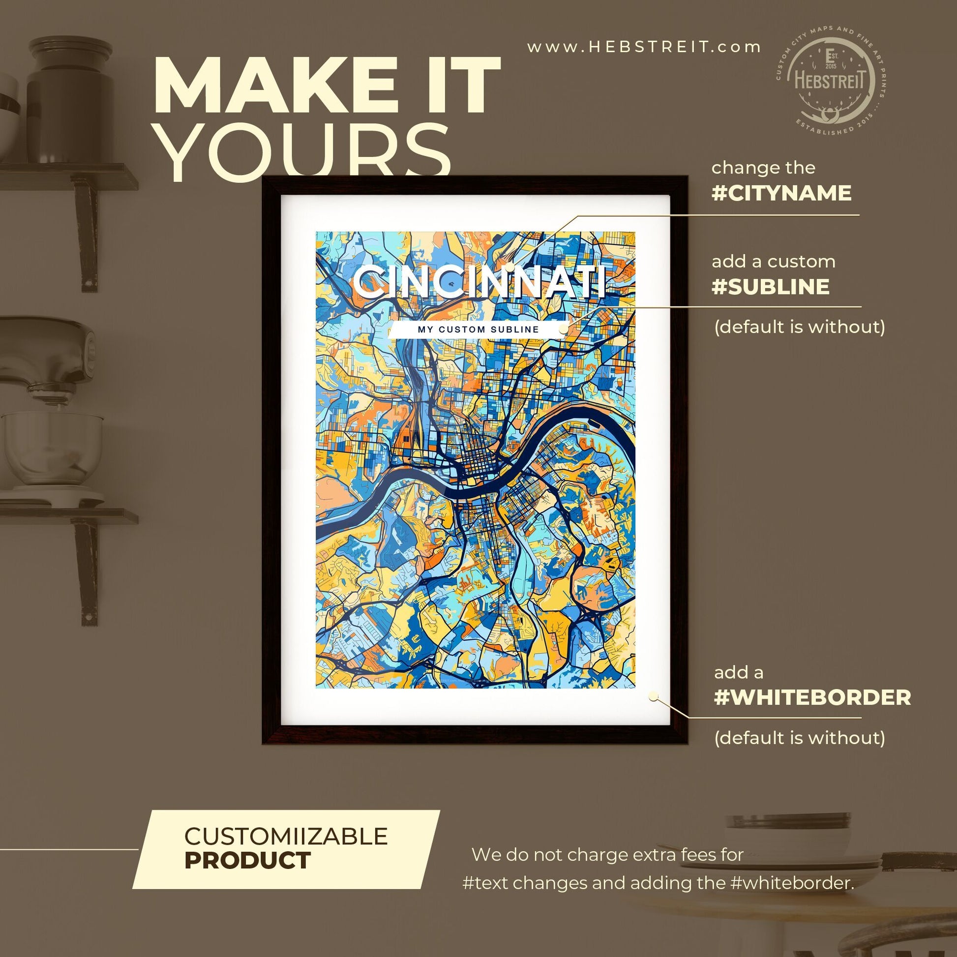 CINCINNATI OHIO Vibrant Colorful Art Map Poster Blue Orange