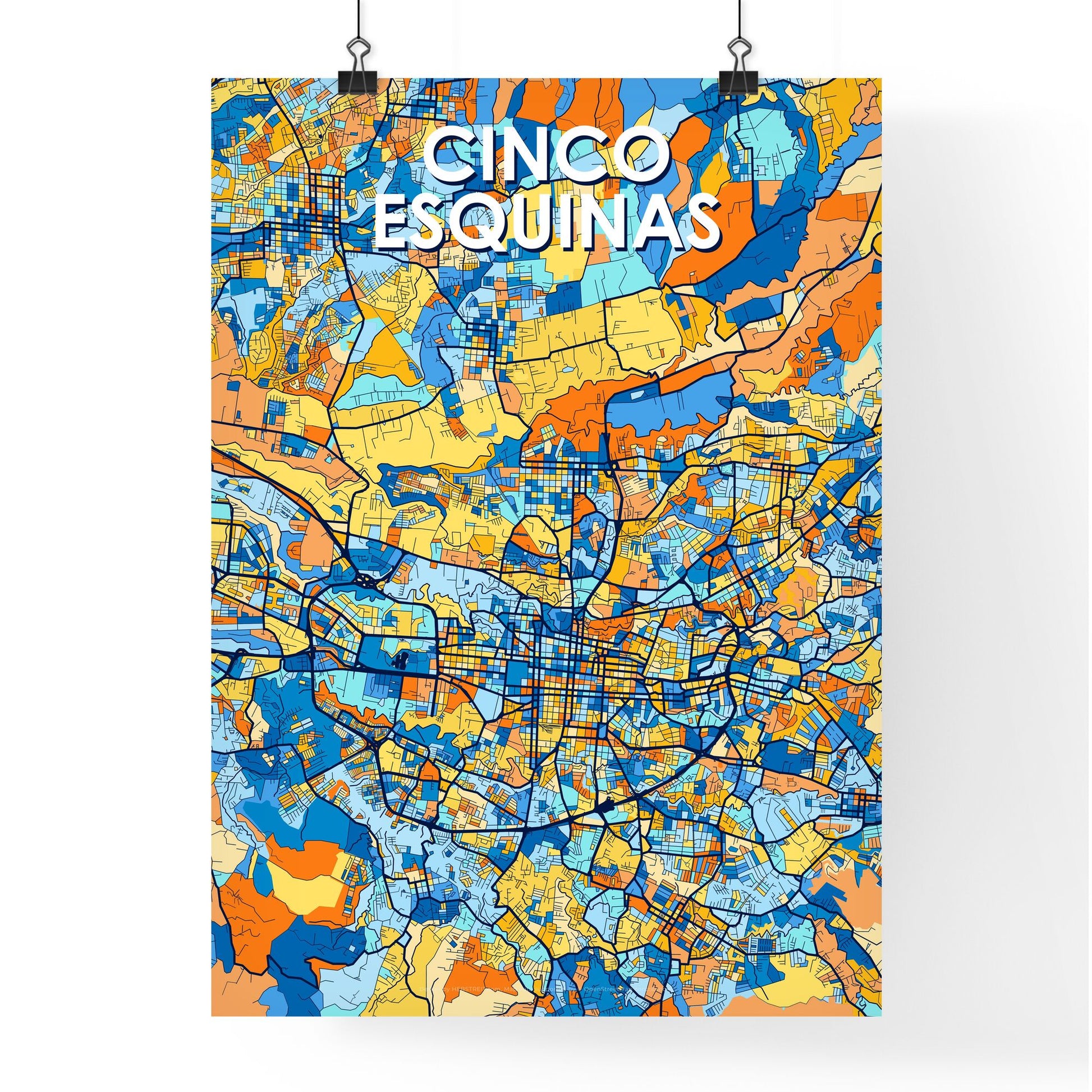 CINCO ESQUINAS COSTA RICA Vibrant Colorful Art Map Poster Blue Orange