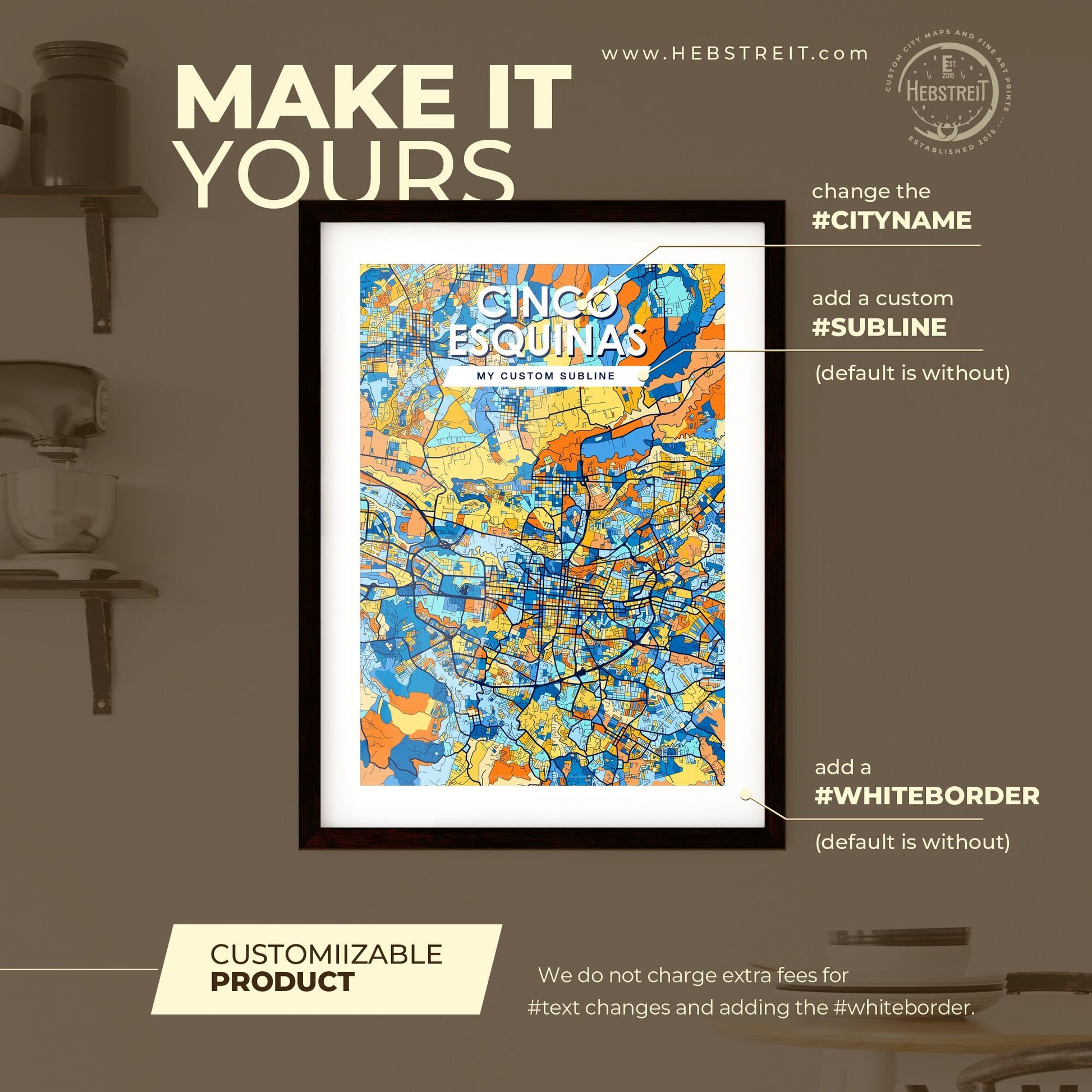 CINCO ESQUINAS COSTA RICA Vibrant Colorful Art Map Poster Blue Orange