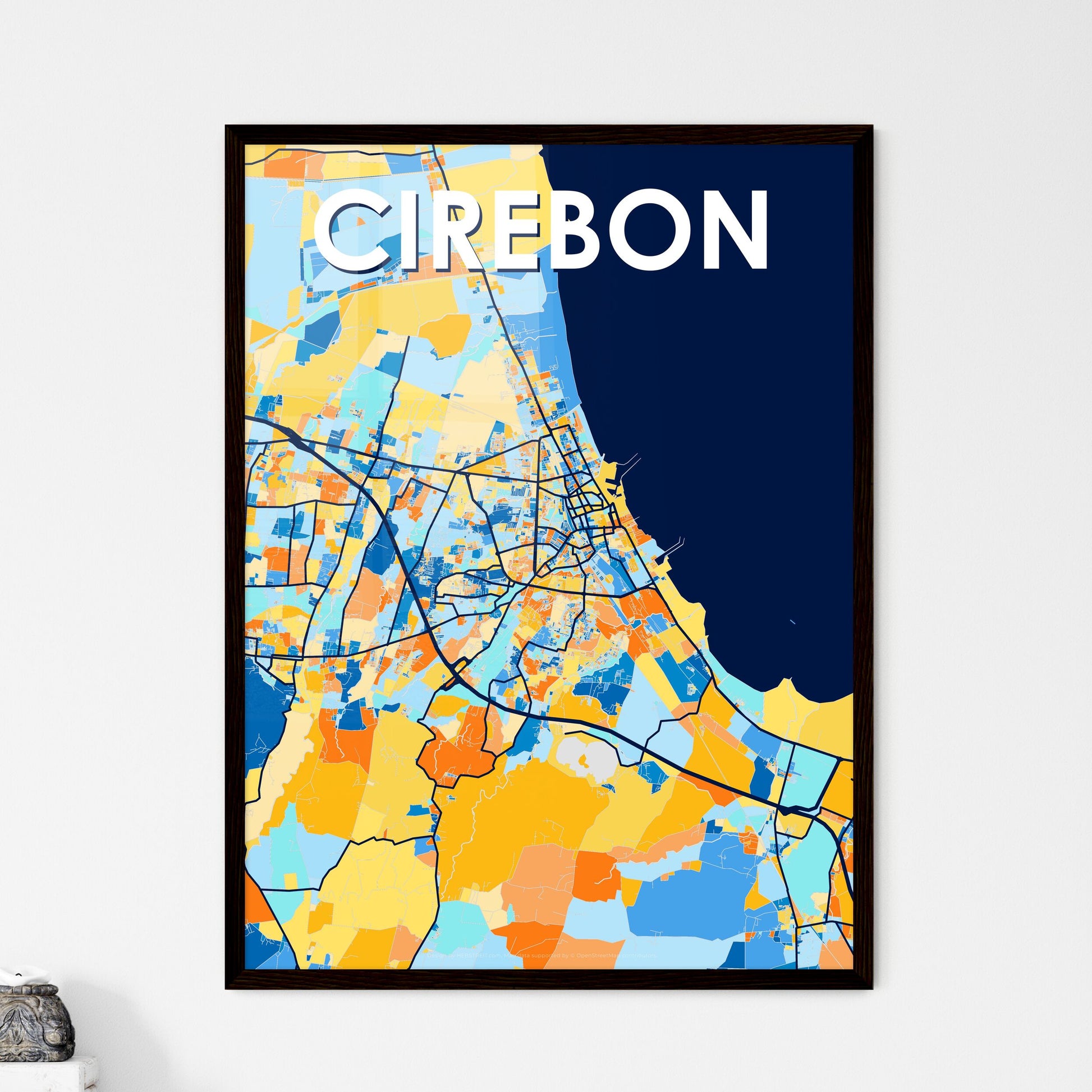 CIREBON INDONESIA Vibrant Colorful Art Map Poster Blue Orange