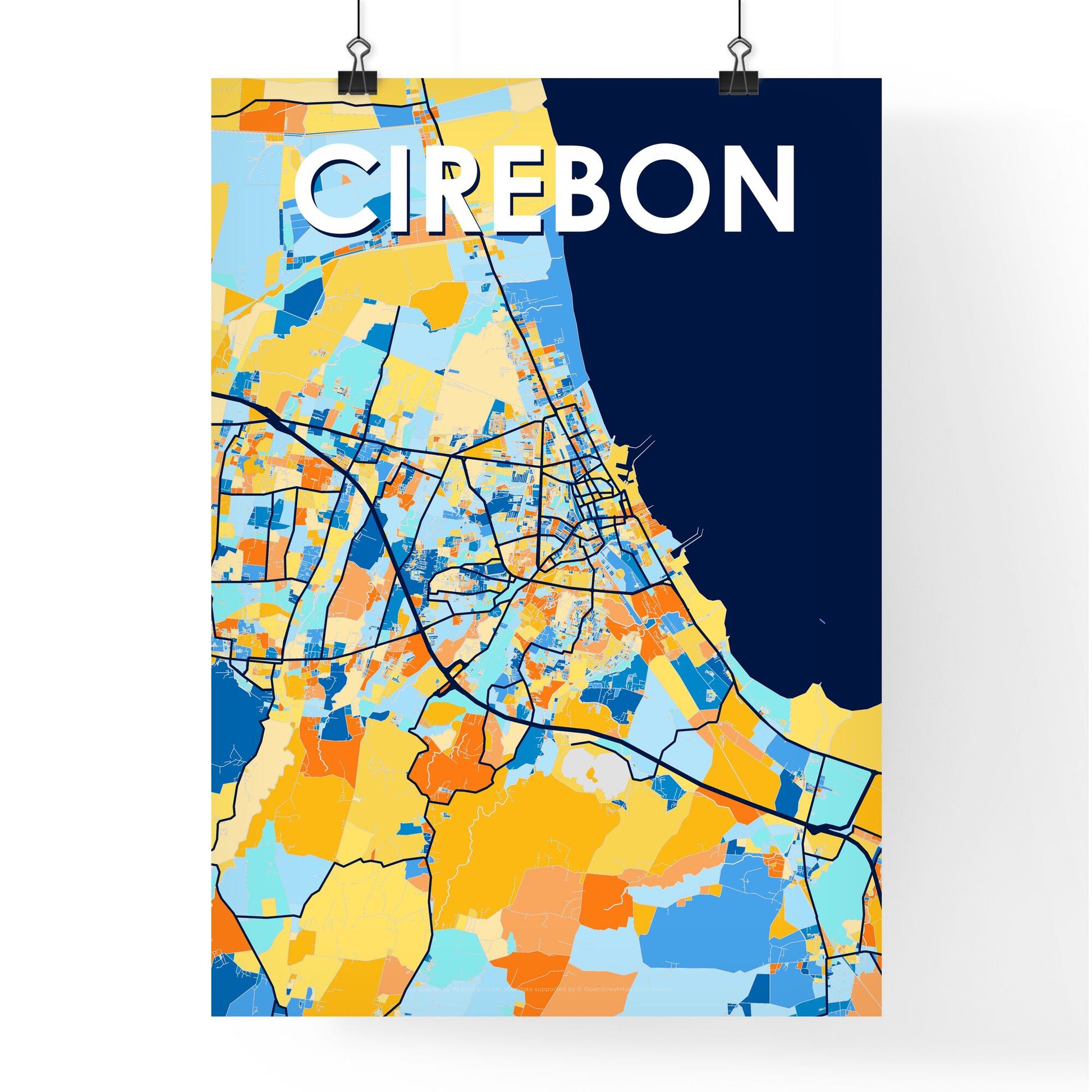 CIREBON INDONESIA Vibrant Colorful Art Map Poster Blue Orange