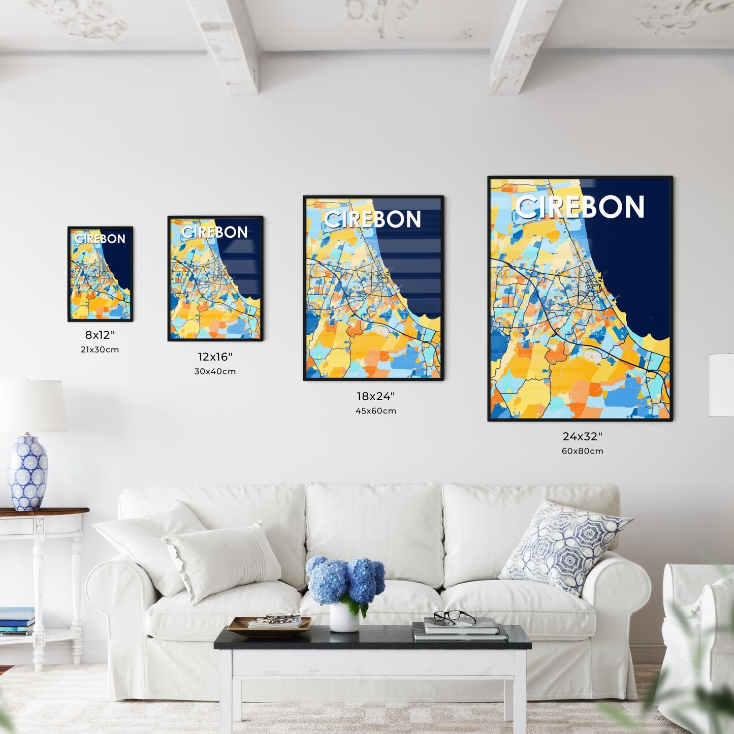 CIREBON INDONESIA Vibrant Colorful Art Map Poster Blue Orange