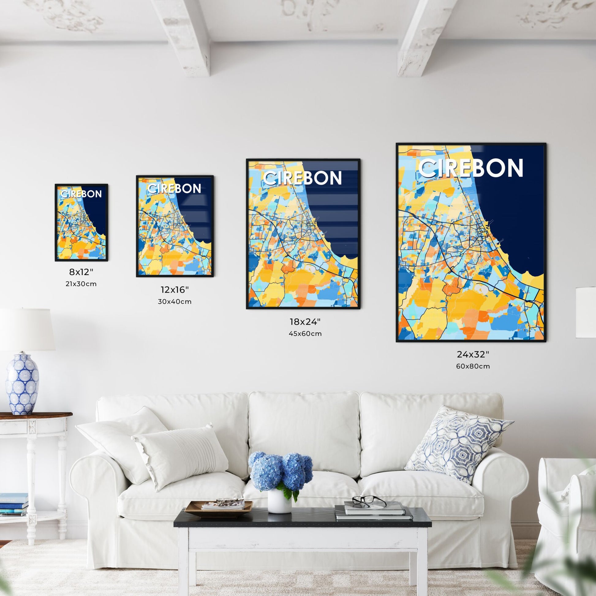 CIREBON INDONESIA Vibrant Colorful Art Map Poster Blue Orange