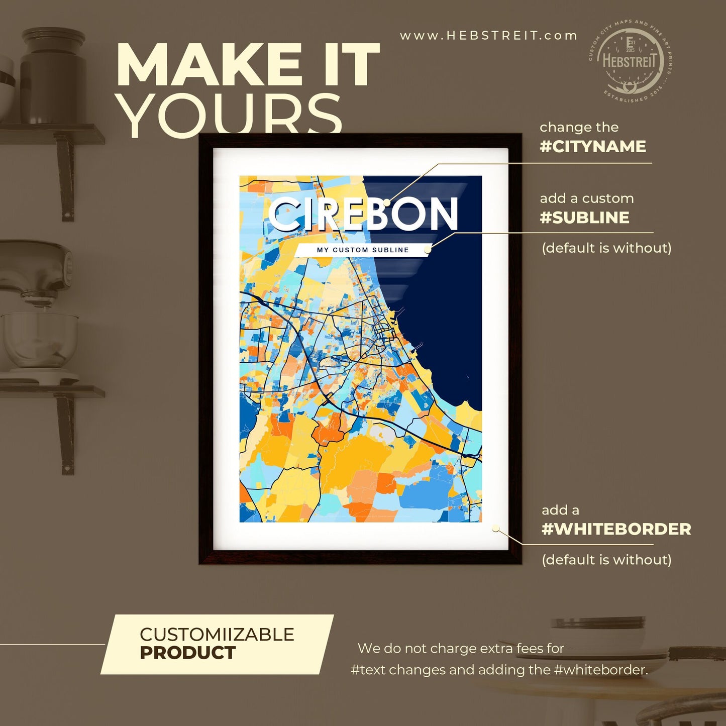 CIREBON INDONESIA Vibrant Colorful Art Map Poster Blue Orange