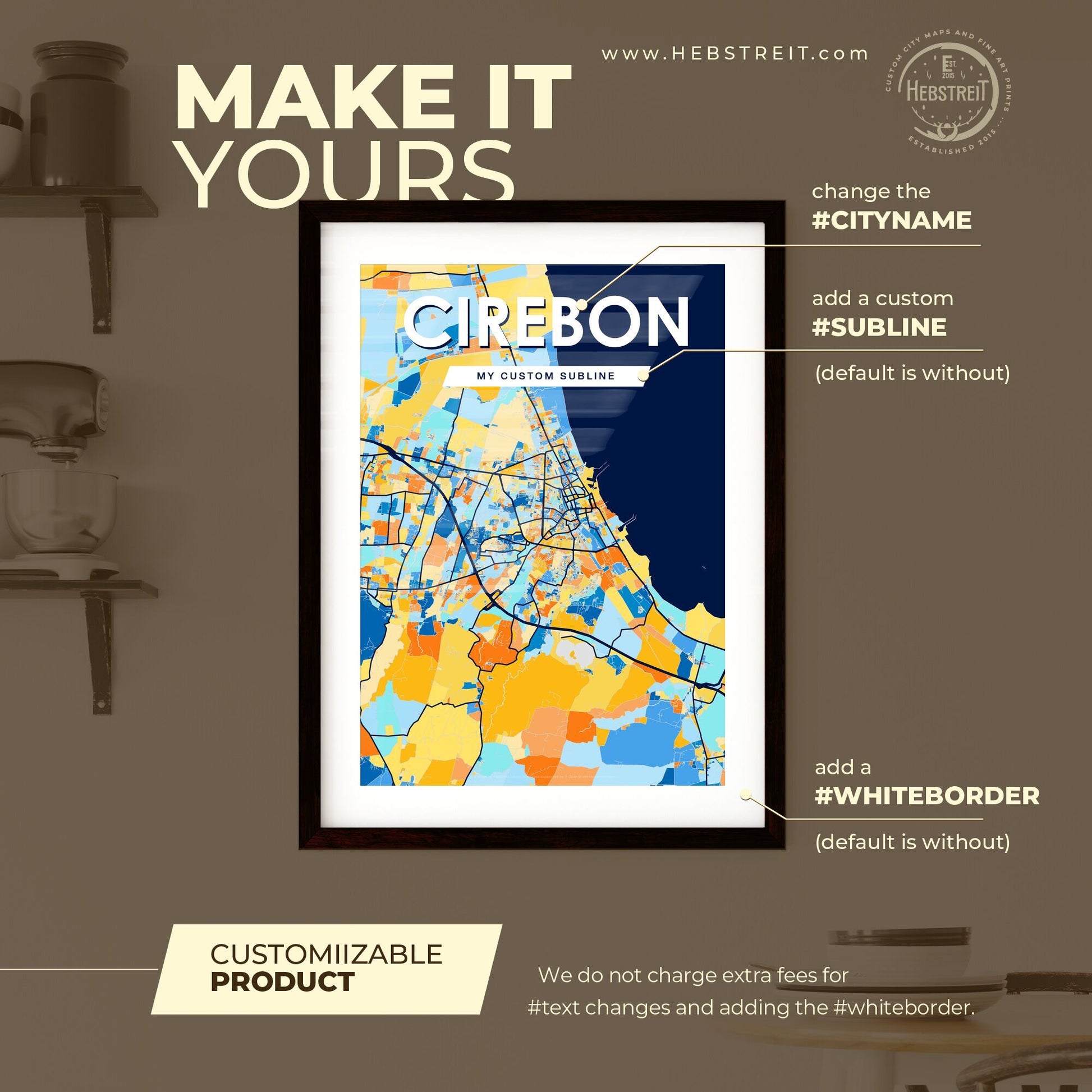 CIREBON INDONESIA Vibrant Colorful Art Map Poster Blue Orange