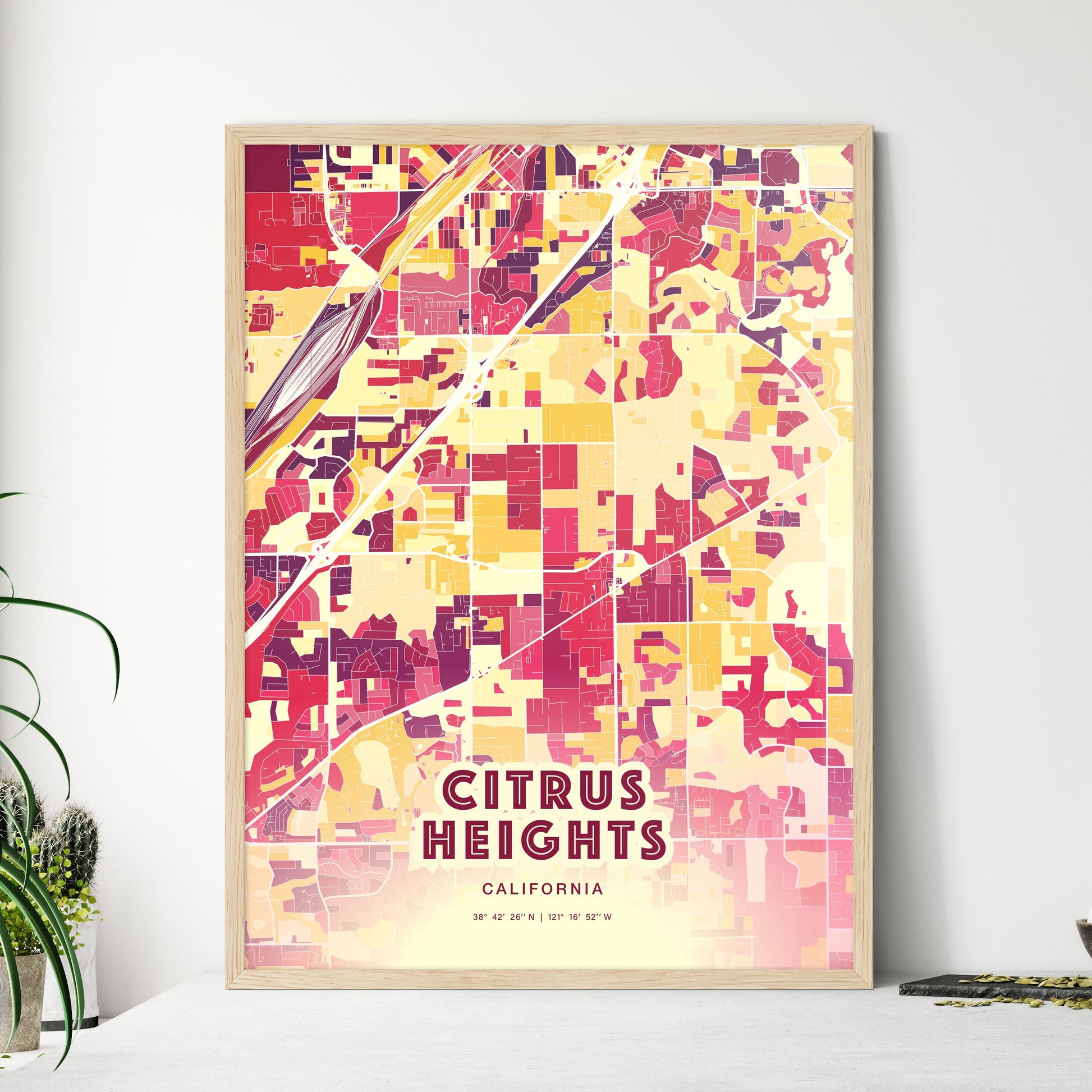 Colorful Citrus Heights California Fine Art Map Hot Red