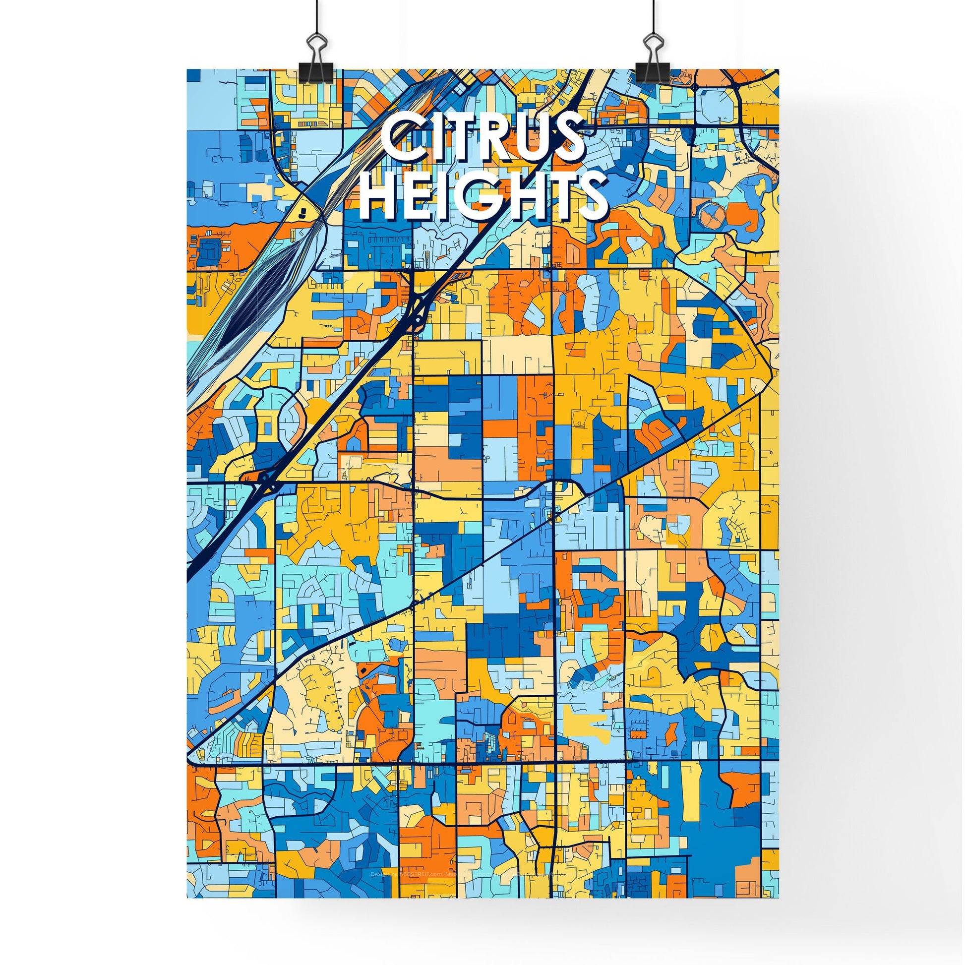 CITRUS HEIGHTS CALIFORNIA Vibrant Colorful Art Map Poster Blue Orange