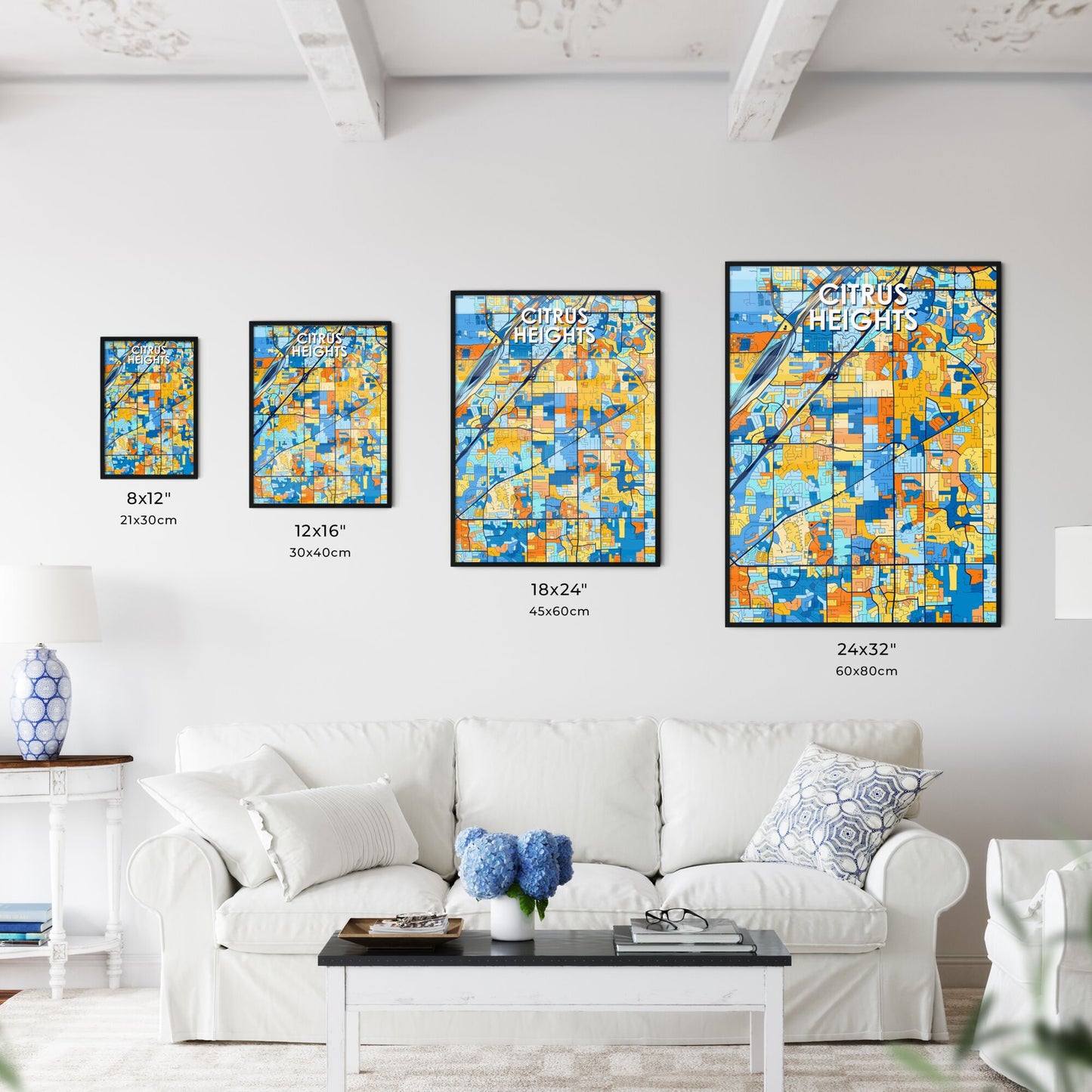 CITRUS HEIGHTS CALIFORNIA Vibrant Colorful Art Map Poster Blue Orange