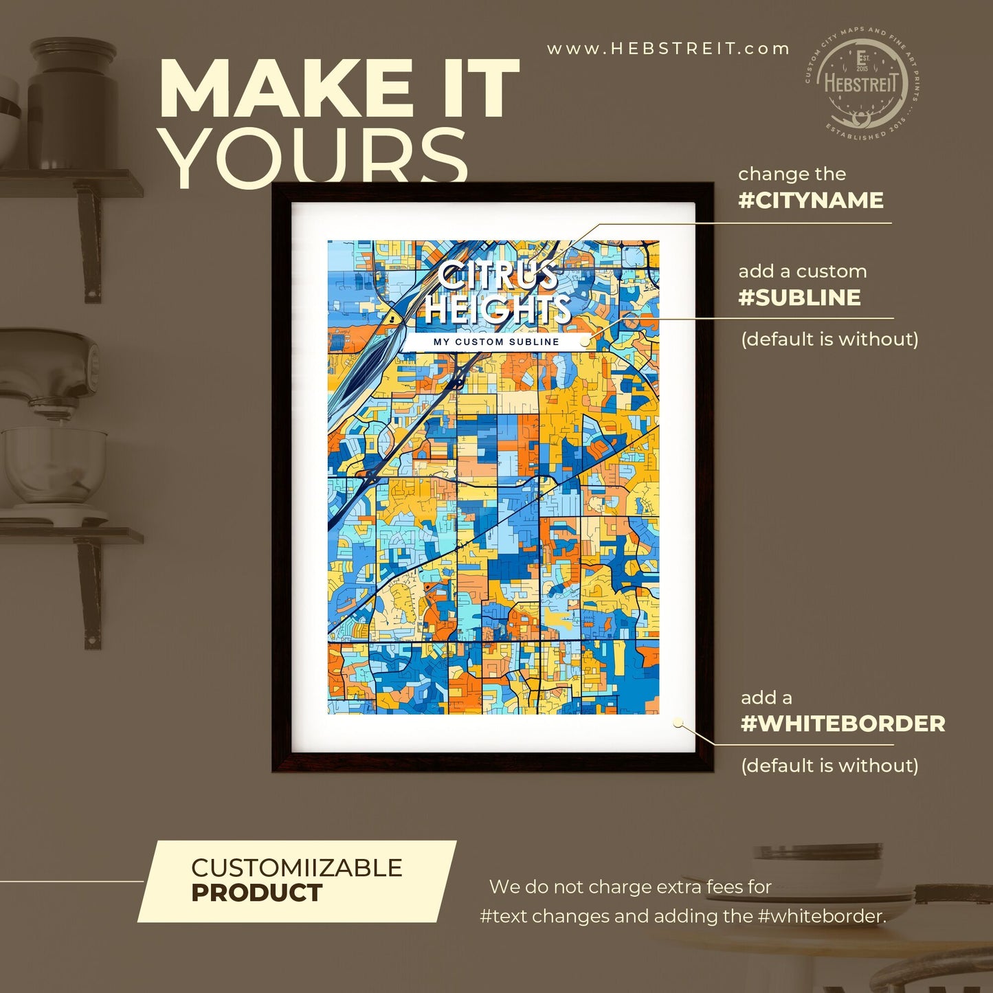 CITRUS HEIGHTS CALIFORNIA Vibrant Colorful Art Map Poster Blue Orange