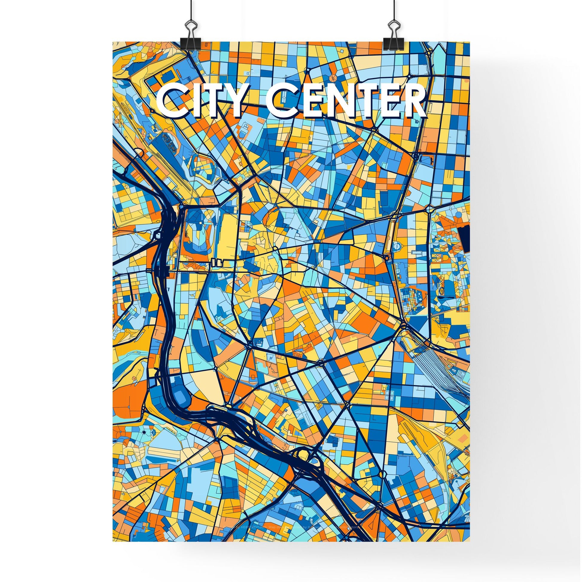 CITY CENTER SPAIN Vibrant Colorful Art Map Poster Blue Orange