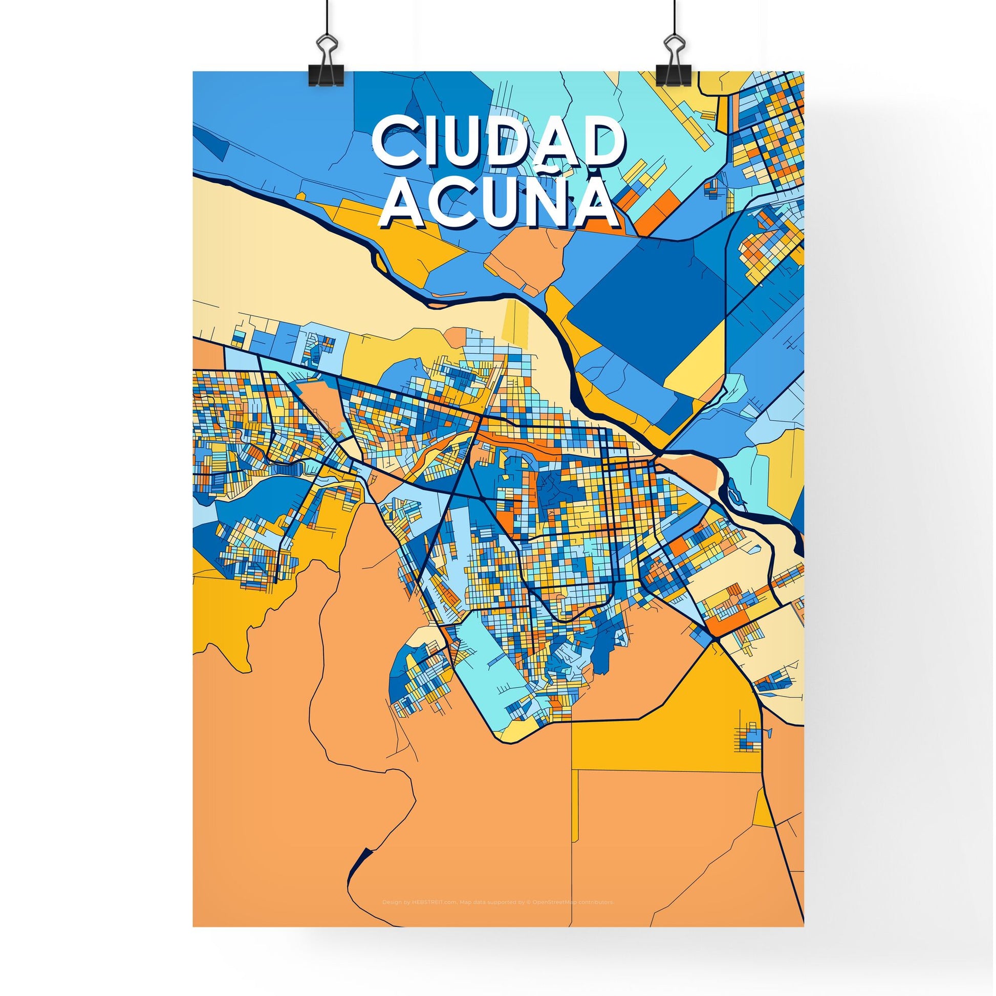 CIUDAD ACUÑA MEXICO Vibrant Colorful Art Map Poster Blue Orange